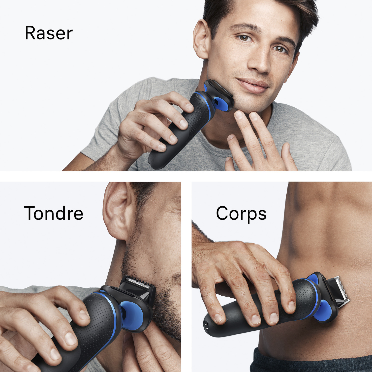 Un homme se rase le visage avec un rasoir électrique noir et bleu, en gros plan. L'image montre différents usages et zones pour le rasoir.