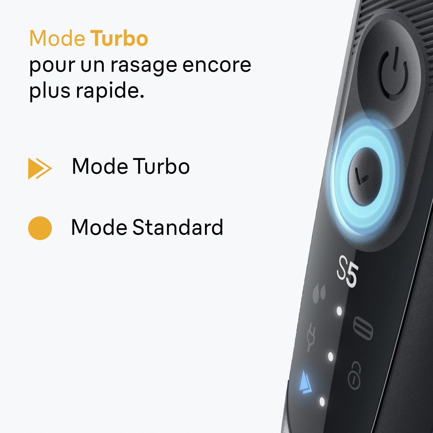 Un rasoir noir et gris, avec du texte en français et des accents jaunes, oranges et bleus. Comprend un bouton d'alimentation et des indicateurs de mode.