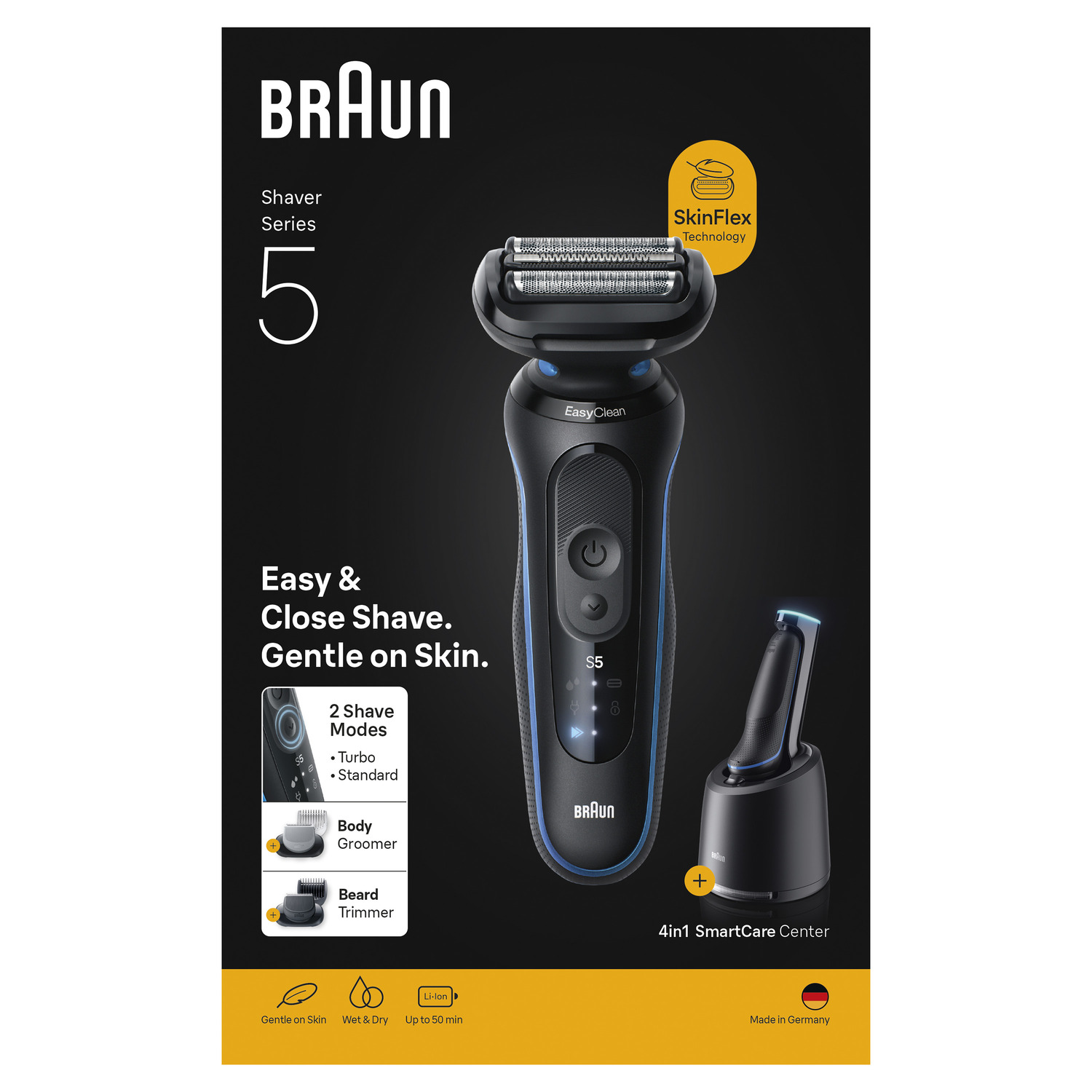 Un rasoir électrique Braun Series 5 avec une station de charge. Il a un design noir et bleu avec le logo de la marque et les caractéristiques mises en évidence.