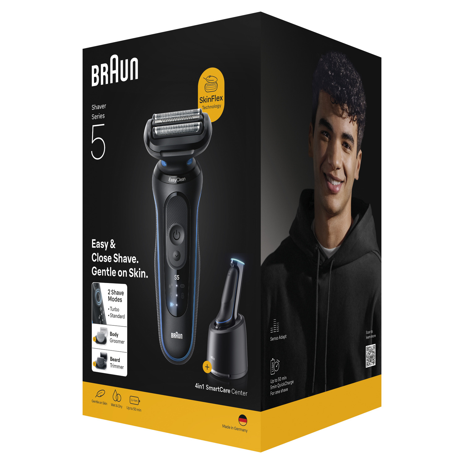 Une boîte de rasoir Braun Series 5. Elle montre le rasoir, un homme souriant et des fonctions comme 'Easy & Close Shave'.