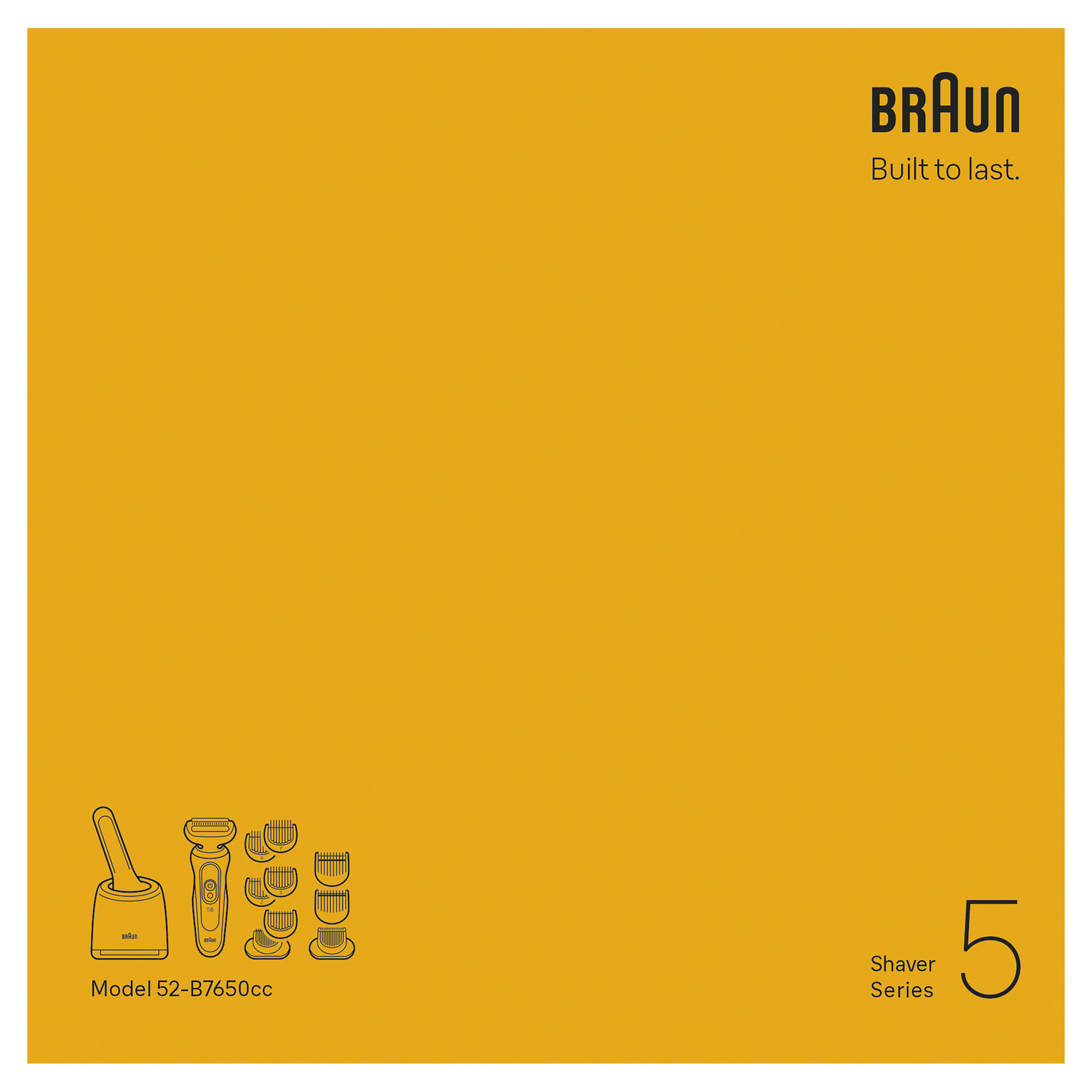 Un fond orange présente les détails du produit Braun. Un rasoir, des accessoires et le numéro de modèle sont en bas à gauche. Le logo Braun est en haut.