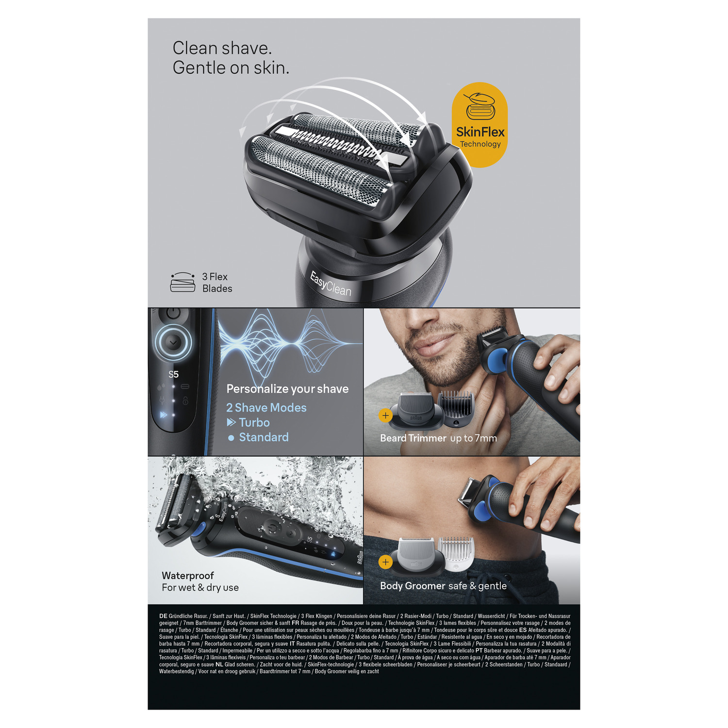 Rasoir électrique avec 3 lames et technologie SkinFlex. Accessoires barbe et corps inclus.
