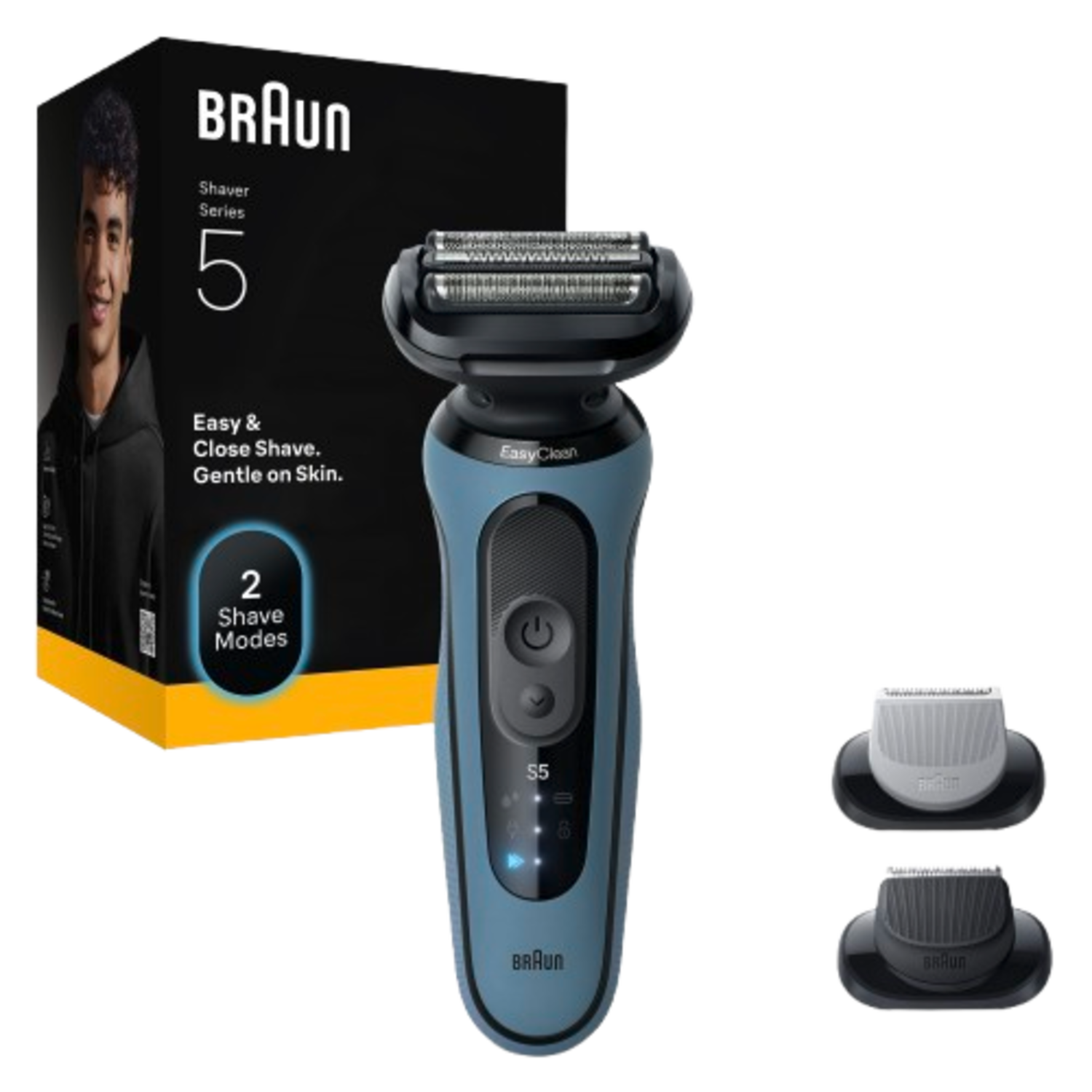 Un rasoir électrique Braun Series 5. La boîte montre un homme. Accessoires en bas à droite. Il possède deux modes de rasage.