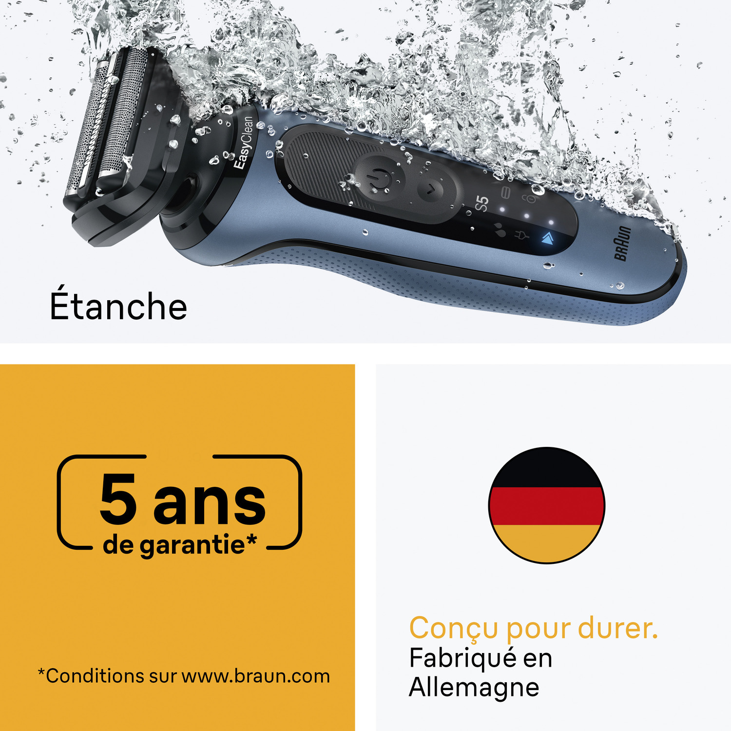 Rasoir Braun bleu immergé dans l'eau. Texte : 'Étanche'. Informations de garantie et drapeau allemand sont présents.