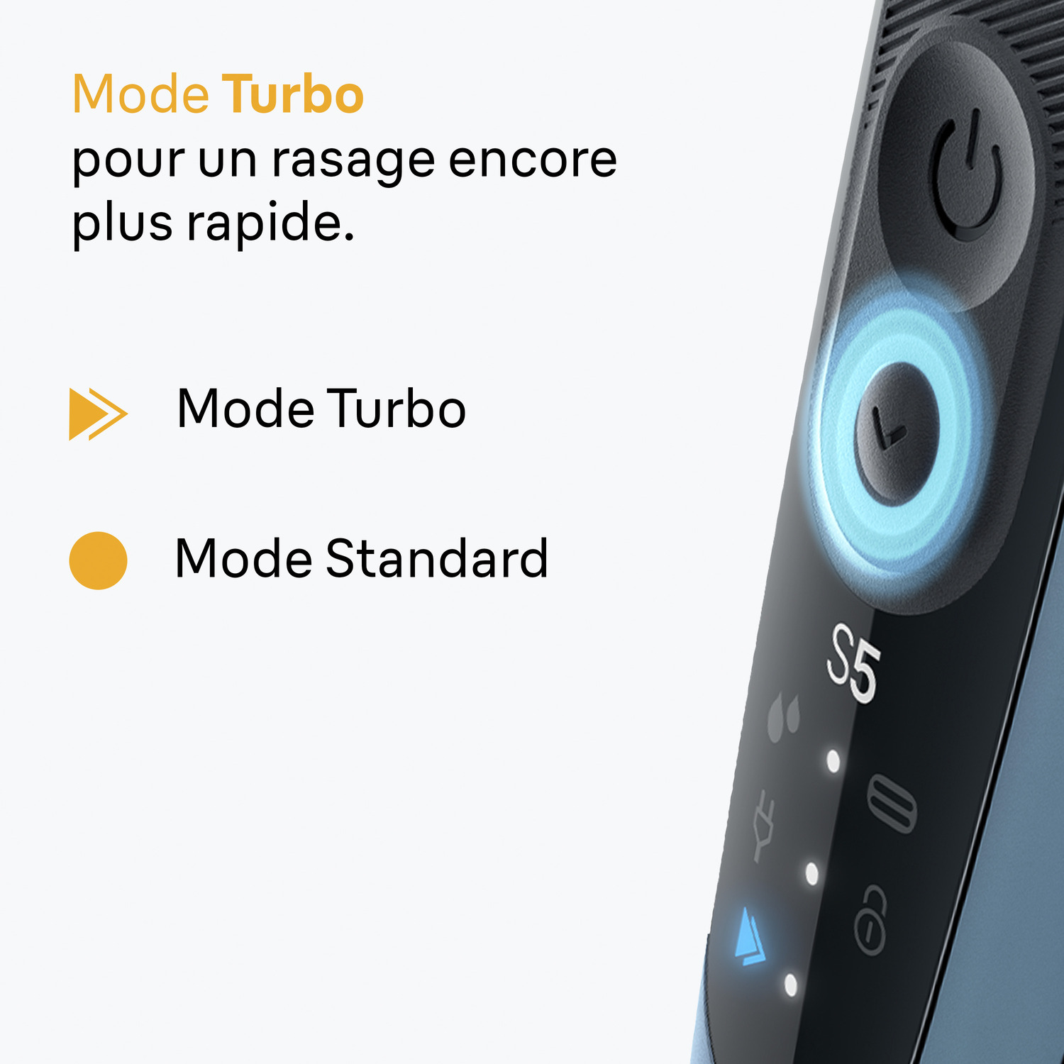 Un rasoir électrique avec le texte 'Mode Turbo' et 'Mode Standard'. Le rasoir est bleu et noir avec des symboles lumineux.