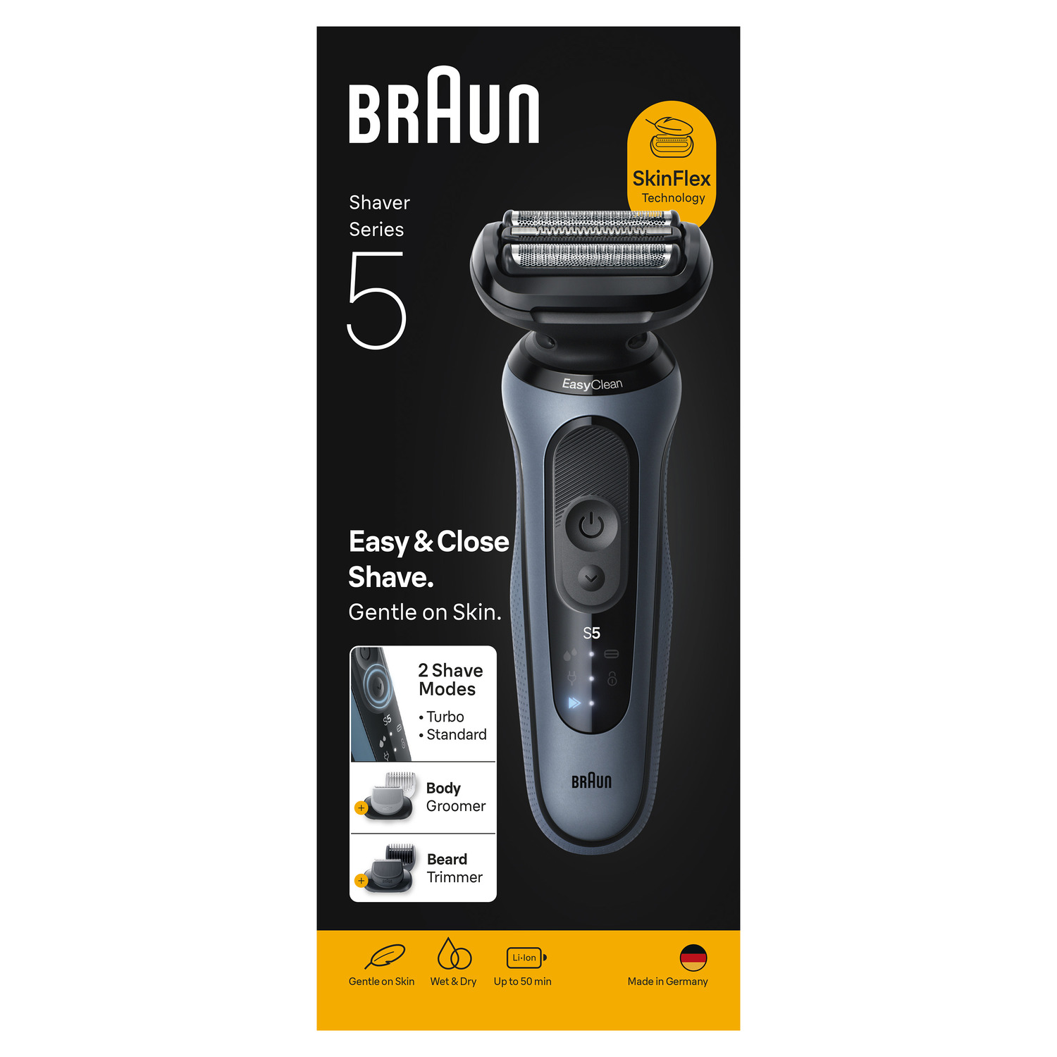Un rasoir électrique Braun Series 5 est présenté sur fond noir. Il a un manche gris et une tête de rasage argentée, avec des détails.