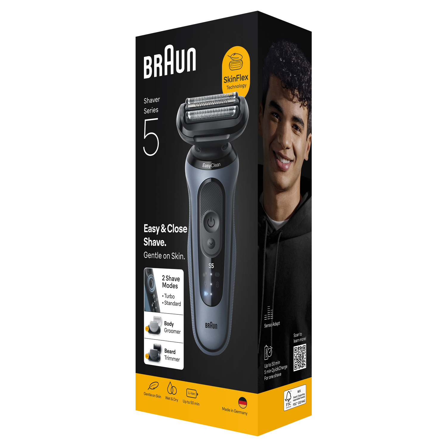 Un rasoir Braun Series 5 sur une boîte, avec un homme souriant sur le côté. Comprend EasyClean, 2 modes de rasage et un styler corporel.