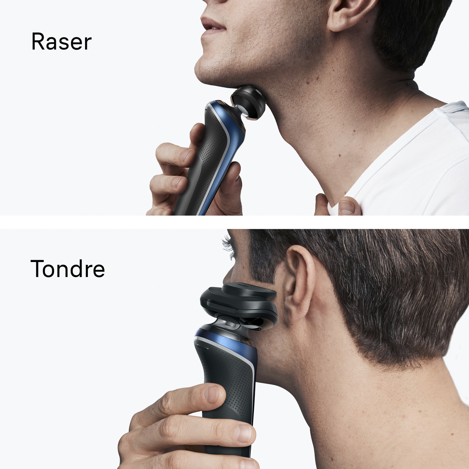 Un homme se rase le visage avec un rasoir électrique. Le rasoir est noir et bleu. Le fond est blanc.