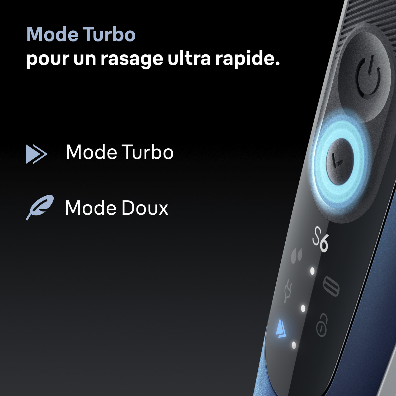 Un rasoir électrique affiche les options d'alimentation et de mode. Le texte indique 'Mode Turbo' et 'Mode Doux'. Le rasoir est bleu et noir.