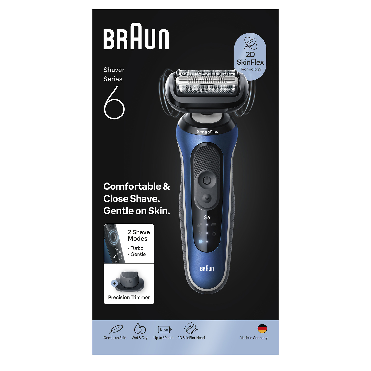 Braun Series 6 scheerapparaat. Blauw en zilver scheerapparaat op zwarte achtergrond. Kenmerken zijn 2D SkinFlex technologie en precisietrimmer.