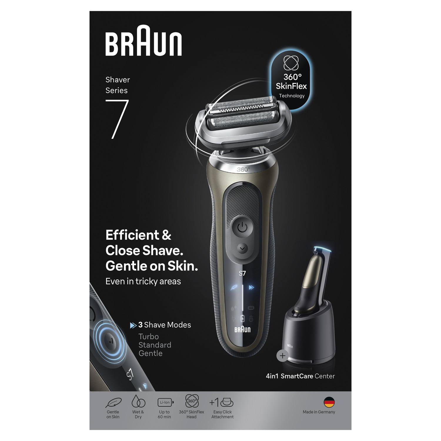Rasoir Braun Series 7 avec 3 modes, 360° SkinFlex et 4en1 SmartCare Center. Utilisation humide et sèche, batterie Li-ion.