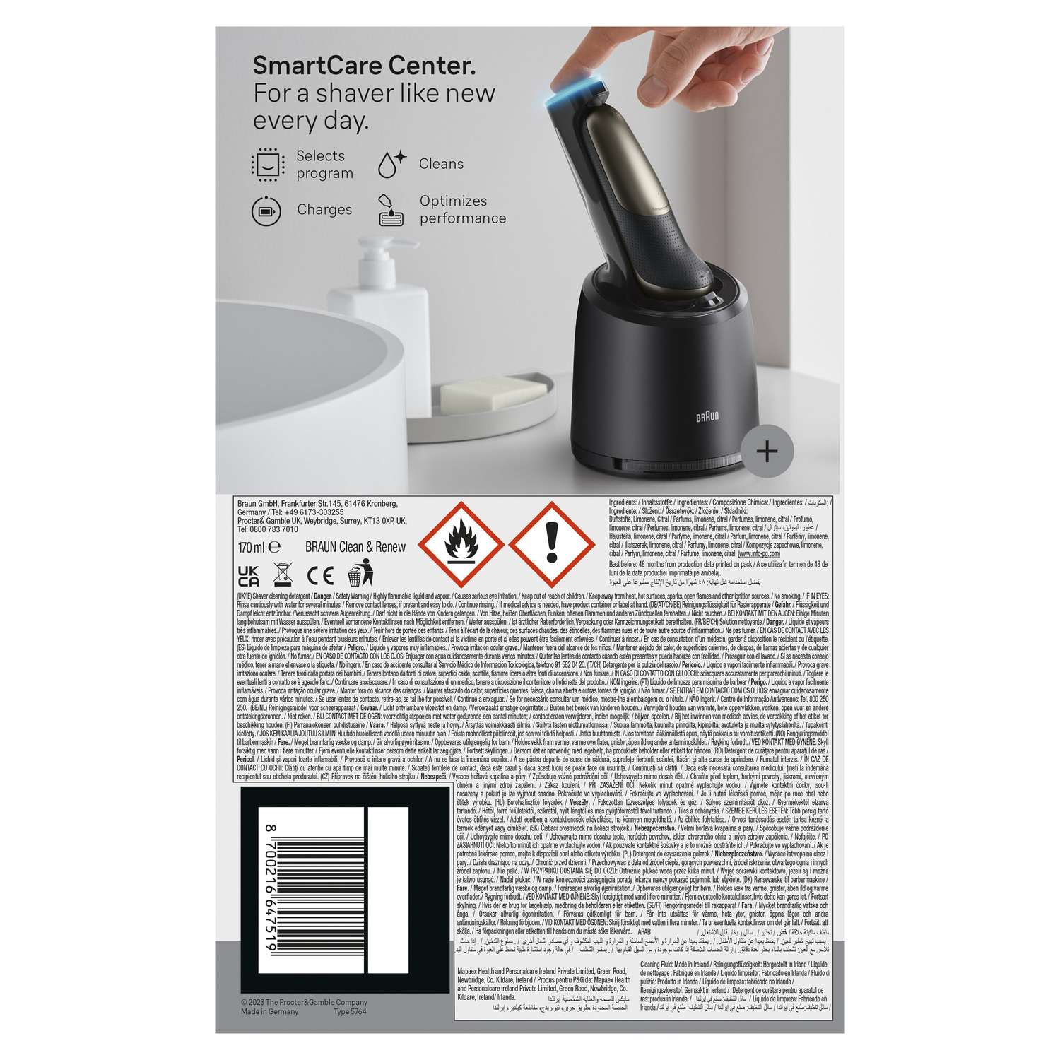 Rasoir noir sur socle de charge, fond blanc, texte SmartCare Center visible.