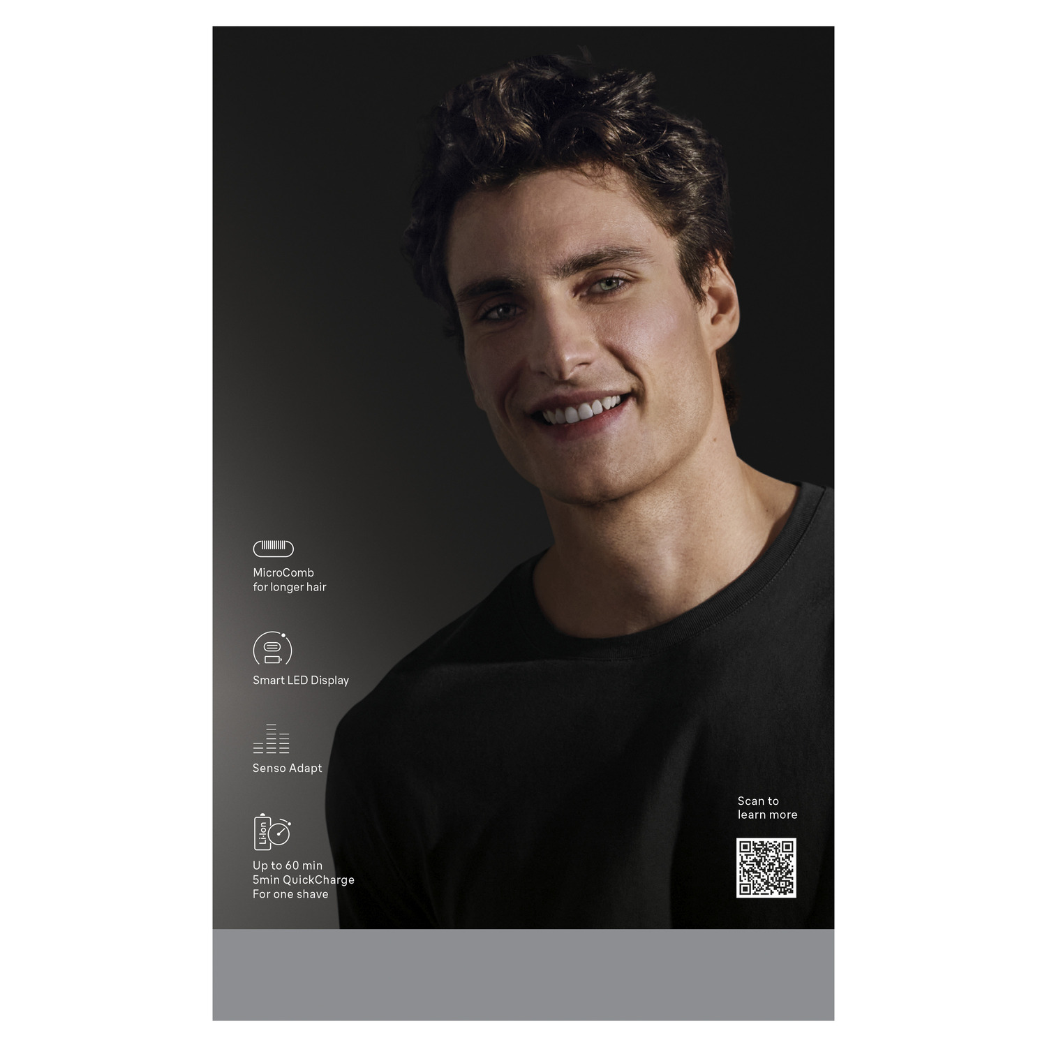 Un homme souriant en chemise noire. Caractéristiques : MicroComb, Smart LED Display, Senso Adapt et charge rapide, avec un code QR.