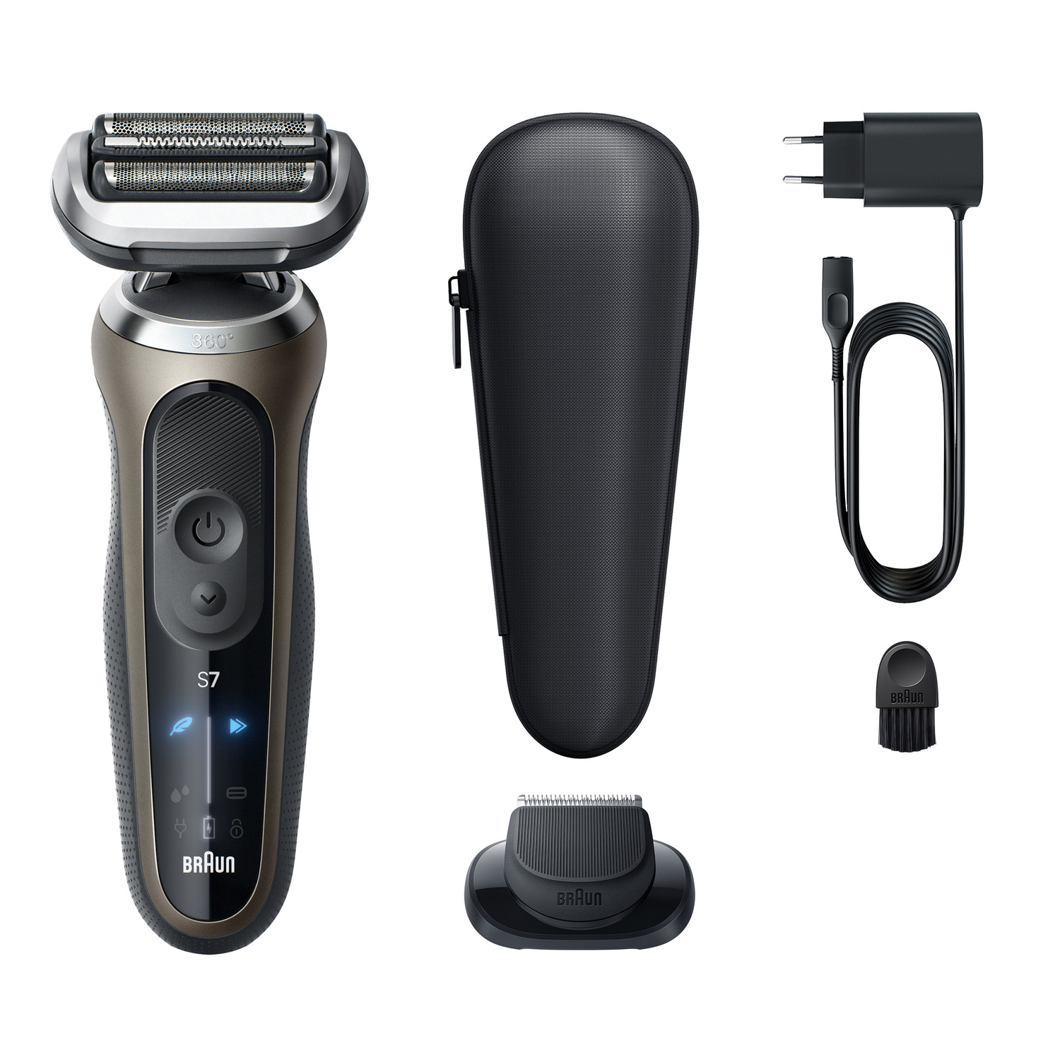 An electric shaver kit. It includes the shaver, a carrying case, a charger, a trimmer head, and a cleaning brush, all on a white background.