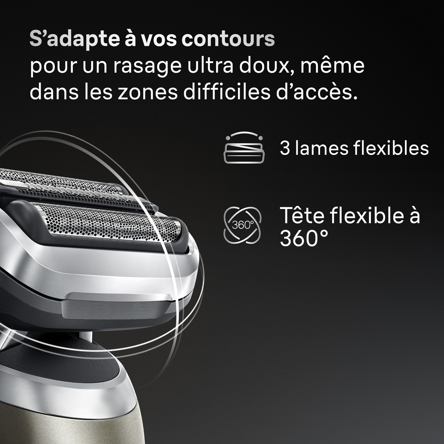 Gros plan d'un rasoir électrique, avec texte soulignant les lames flexibles et la rotation de tête à 360° pour un rasage en douceur.