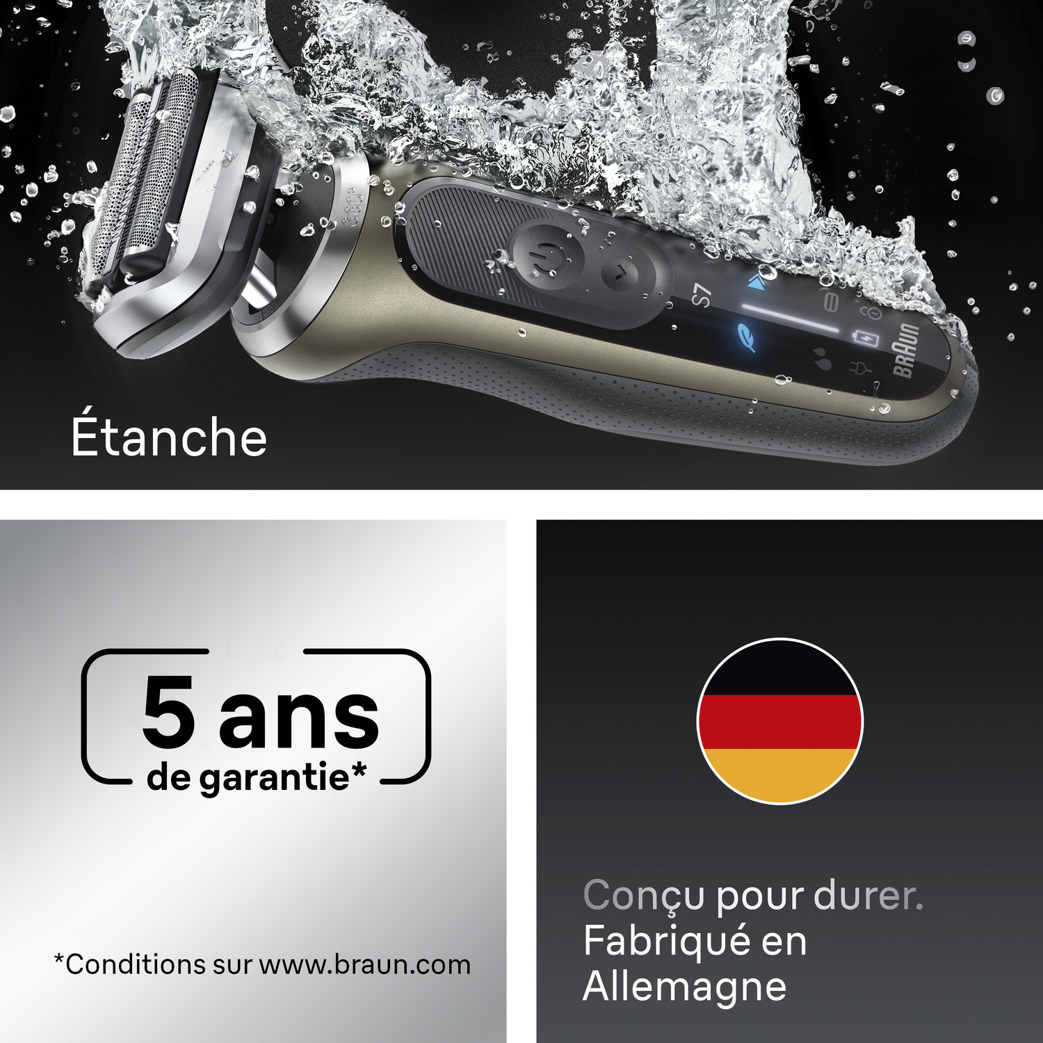 Rasoir électrique dans l'eau, avec texte 'Étanche'. Montre 5 ans de garantie. Texte: 'Conçu pour durer. Fabriqué en Allemagne'.