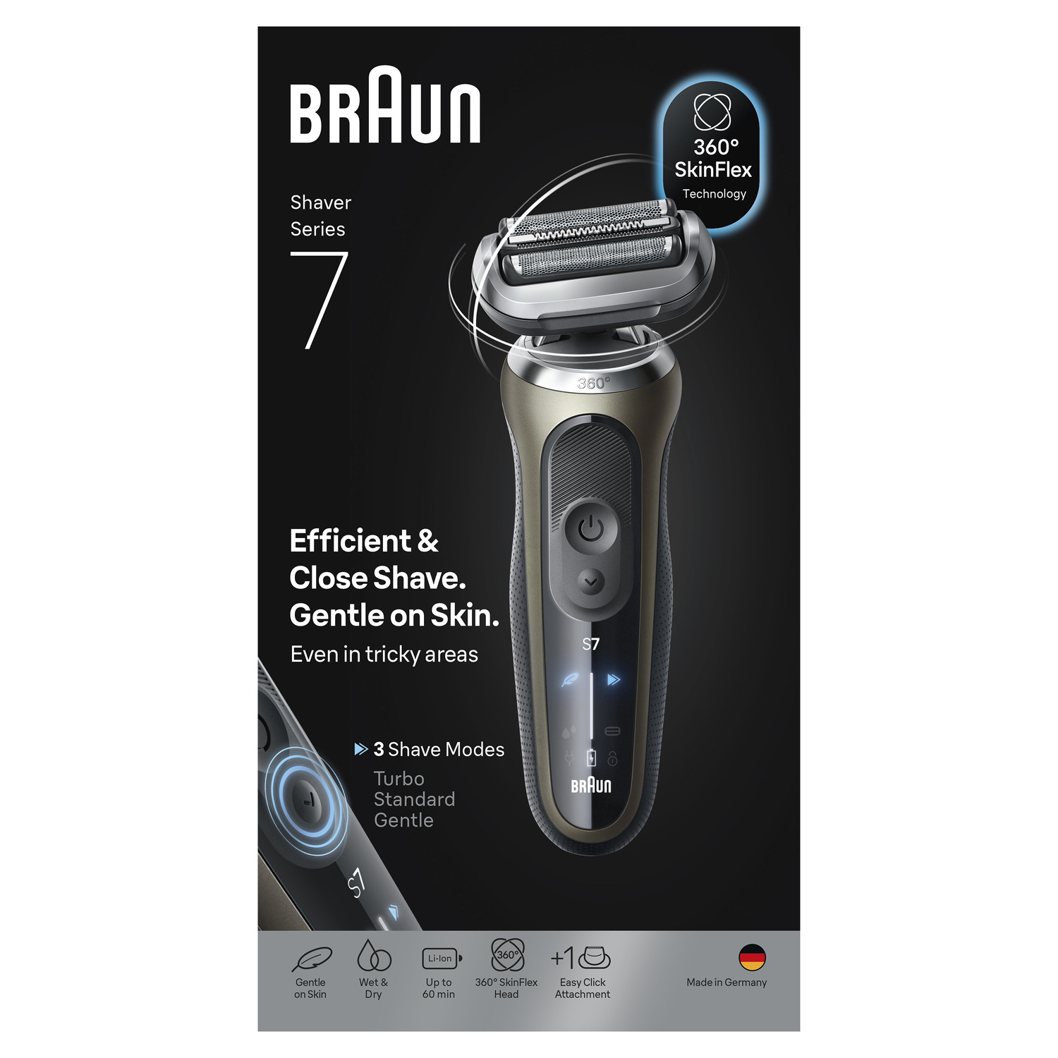 Braun Series 7 shaver on a black background. Features include 360° SkinFlex, 3 shave modes, and made in Germany.