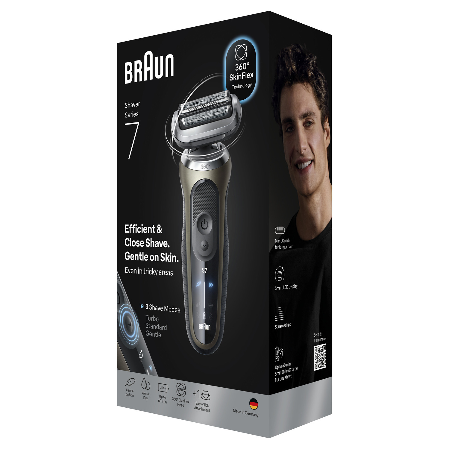 Braun Series 7 shaver box. Man smiling. Features include 360° SkinFlex, 3 shave modes, and up to 60 min use.