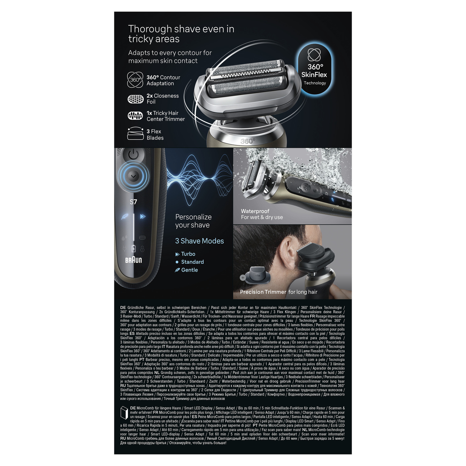 Braun electric shaver with three blades, waterproof, for wet and dry use, and a precision trimmer for long hair.