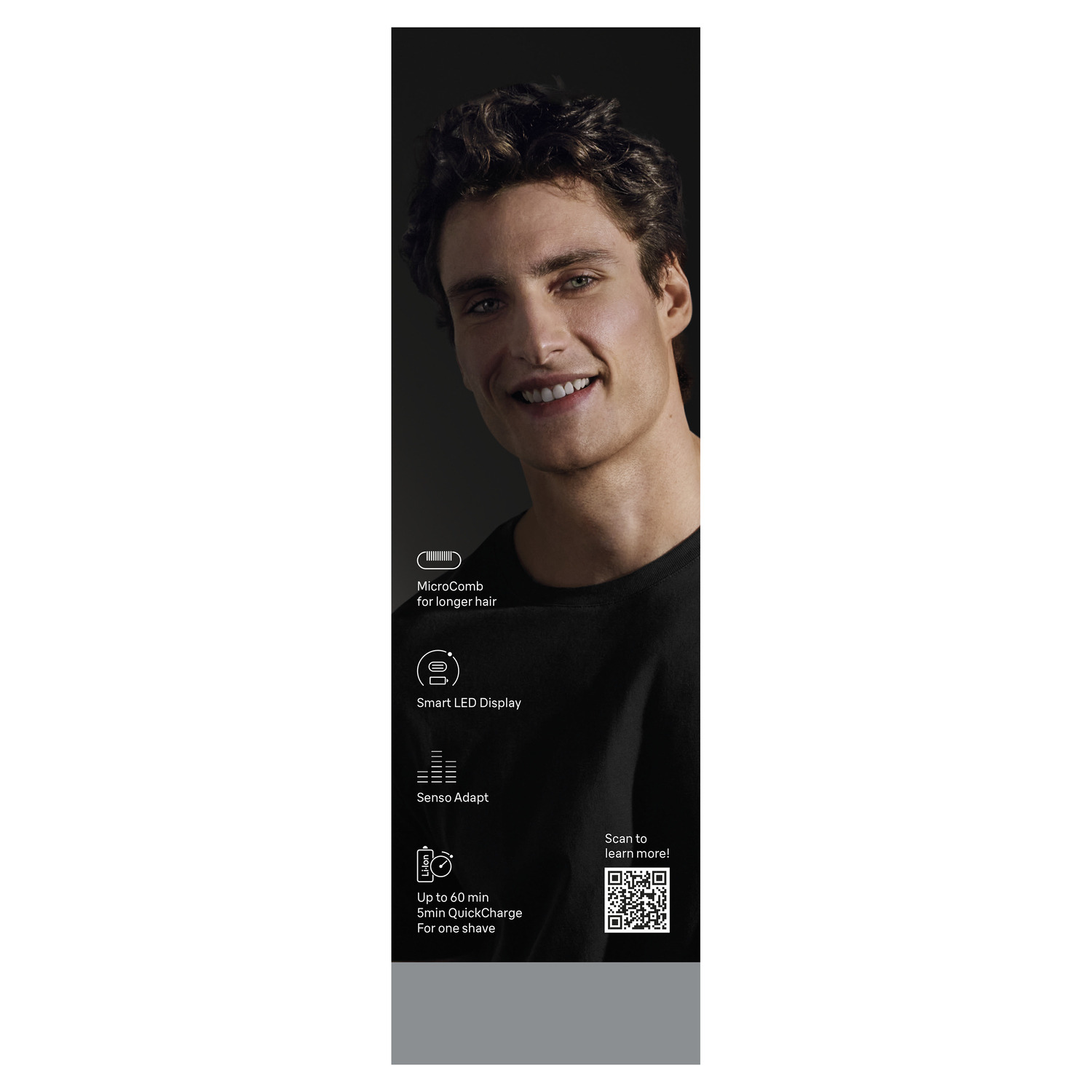 A smiling man with dark hair, wearing a black shirt. Text and icons describe the product's features. A QR code is visible.