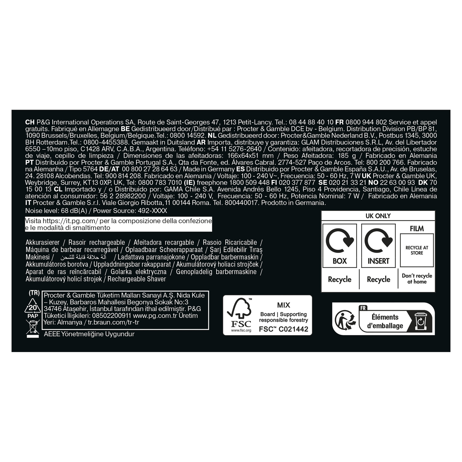 Packaging with text in multiple languages, recycling symbols, and FSC logo.