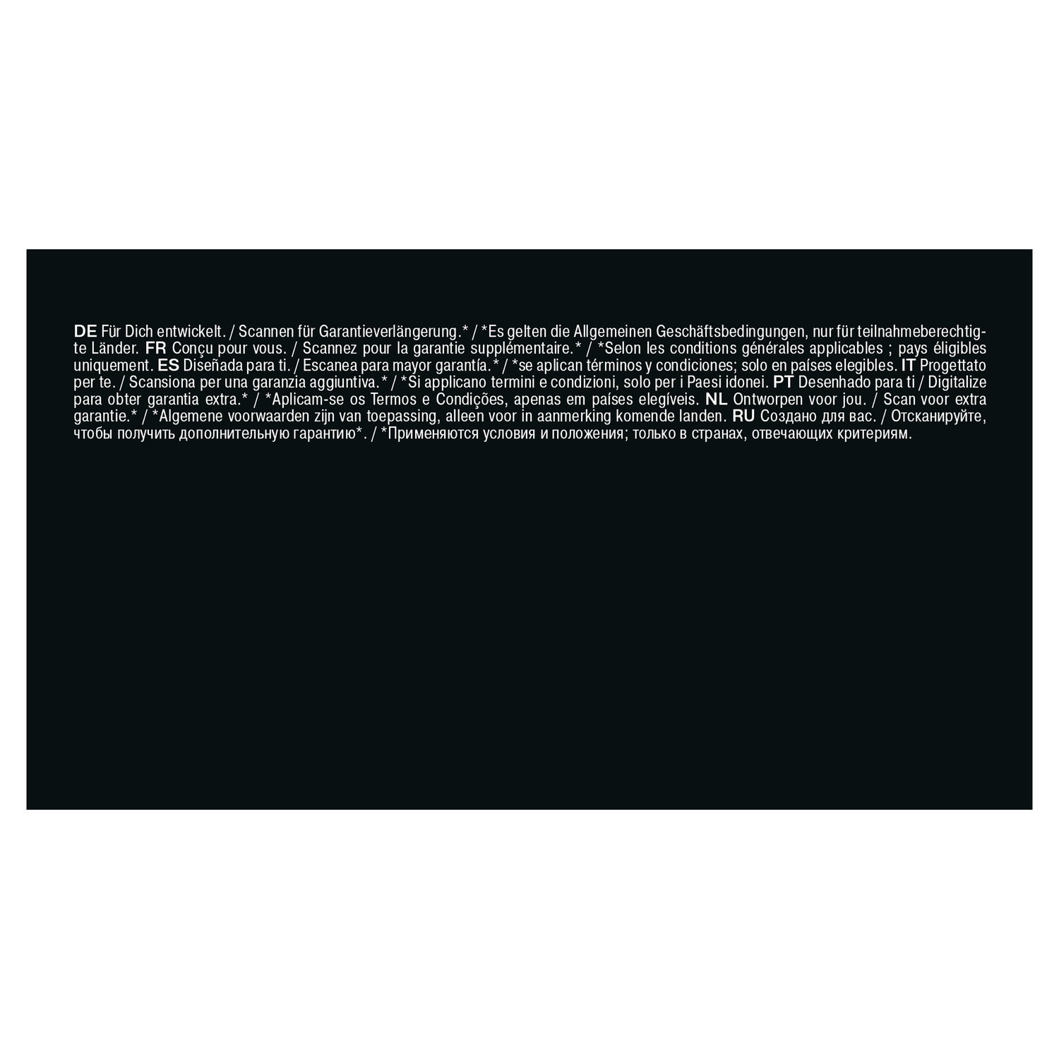Text in multiple languages, including German, French, Spanish, Italian, Portuguese, Dutch, and Russian, on a black background.