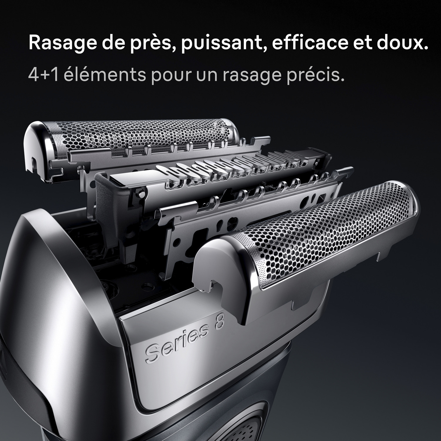 Gros plan d'un rasoir électrique argenté. La tête du rasoir est ouverte, révélant des lames. Texte : 'Series 8' et description produit.