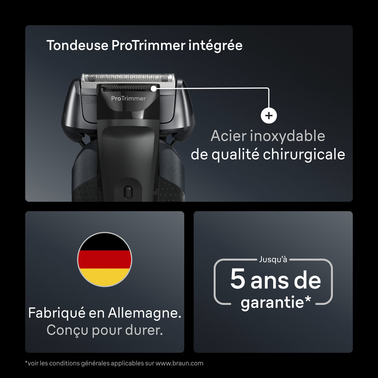 Rasoir électrique noir avec ProTrimmer, lames en acier inoxydable, fabriqué en Allemagne, et garantie 5 ans. Contient le drapeau allemand.