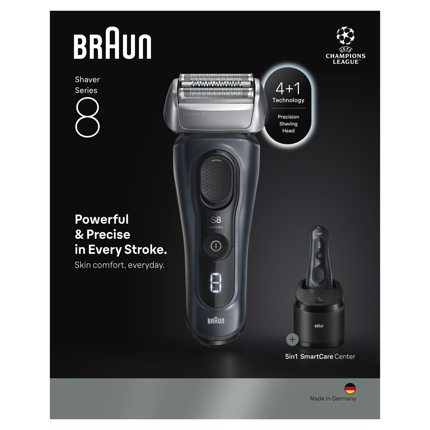 Rasoir Braun Série 8 avec socle de charge. Caractéristiques : 'Technologie 4+1' et '5in1 SmartCare Center'. Design noir et argent.