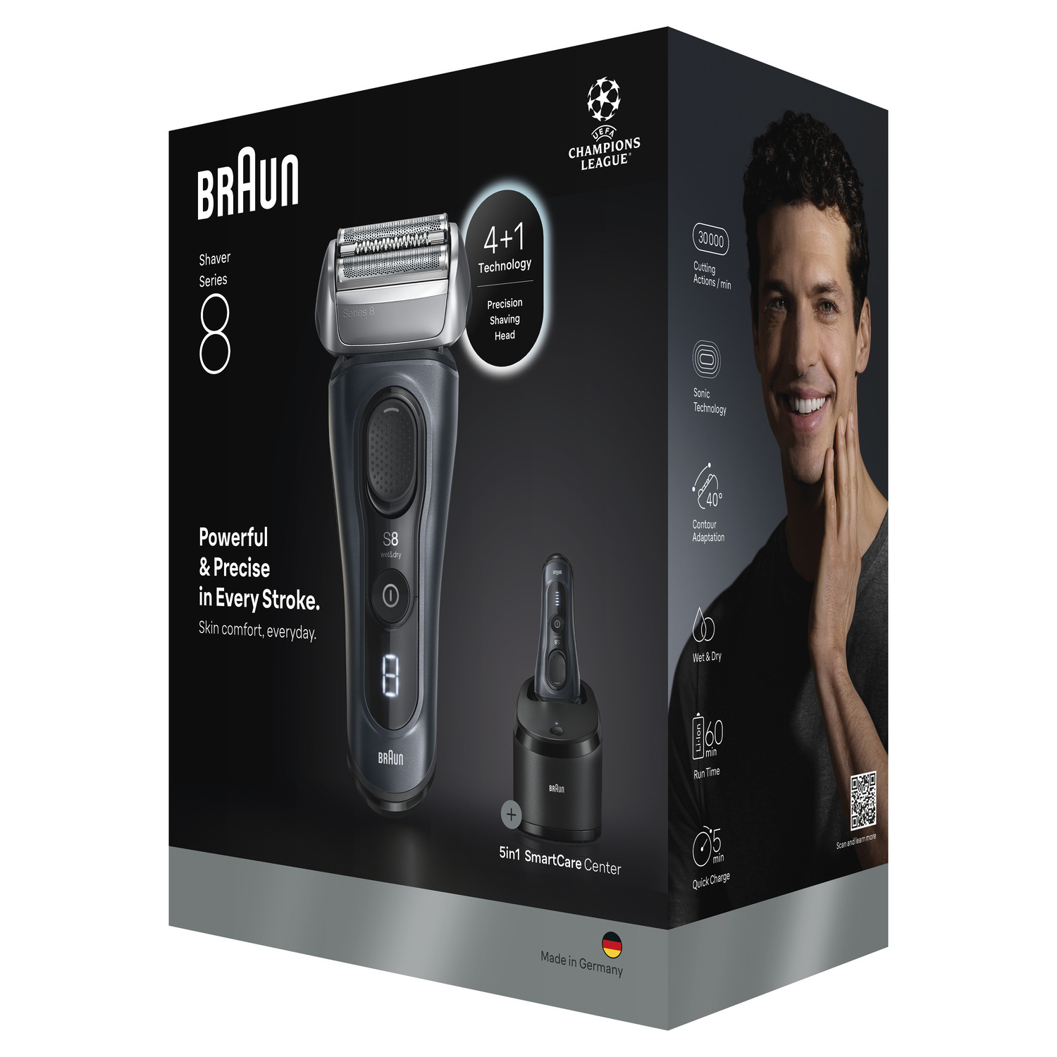 Boîte de rasoir électrique Braun Série 8. Comprend la technologie 4+1, un homme souriant et une base de charge. Fabriqué en Allemagne.