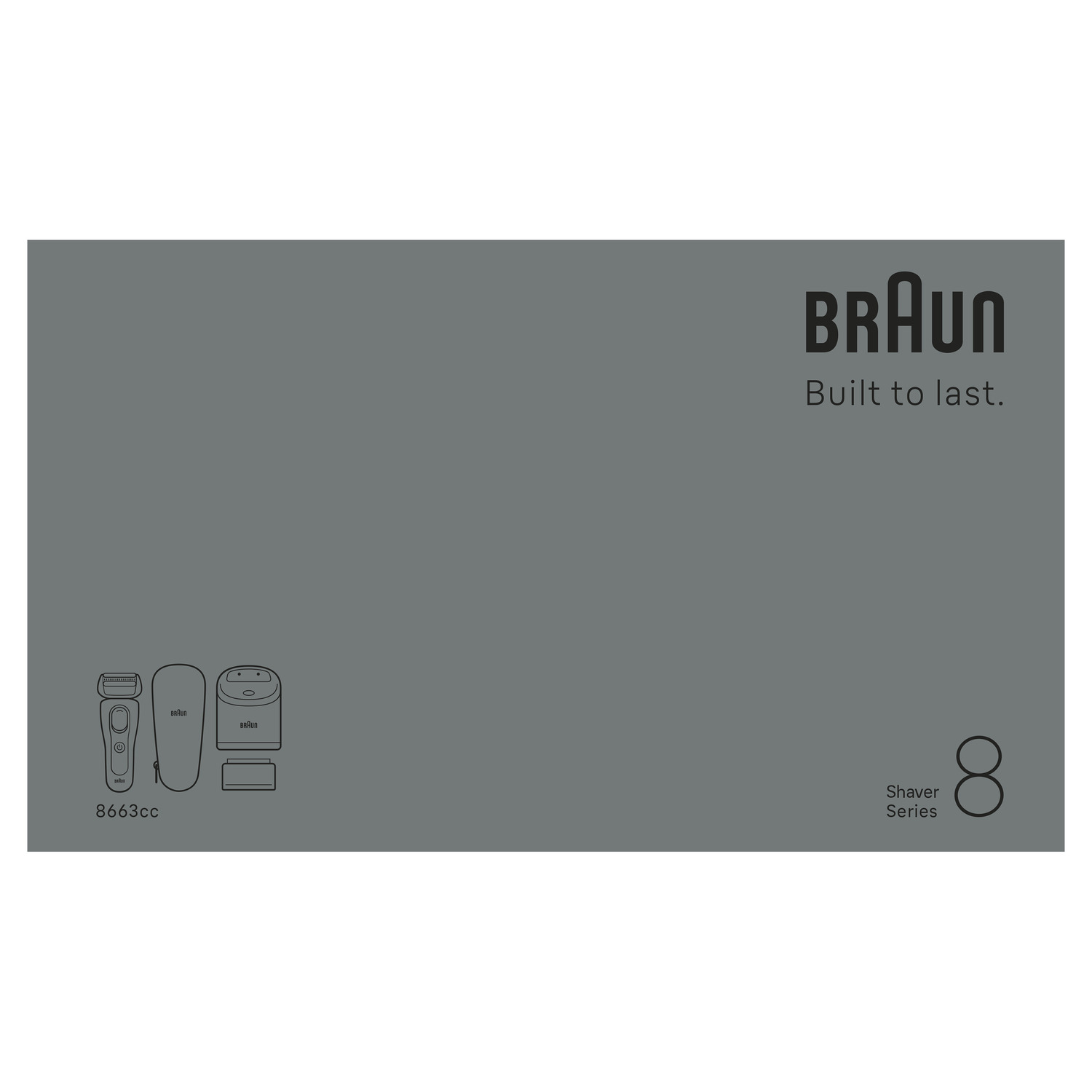 Fond gris avec un contour de rasoir Braun. Le logo Braun et le texte "Built to last" sont visibles. En dessous, "Shaver Series 8".