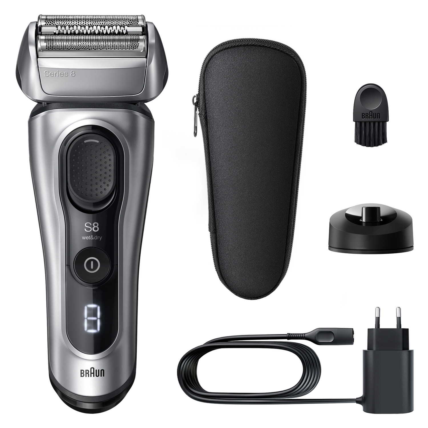 A Braun Series 8 electric shaver with accessories, including a case, charger, cleaning brush, and charging stand. All are black.