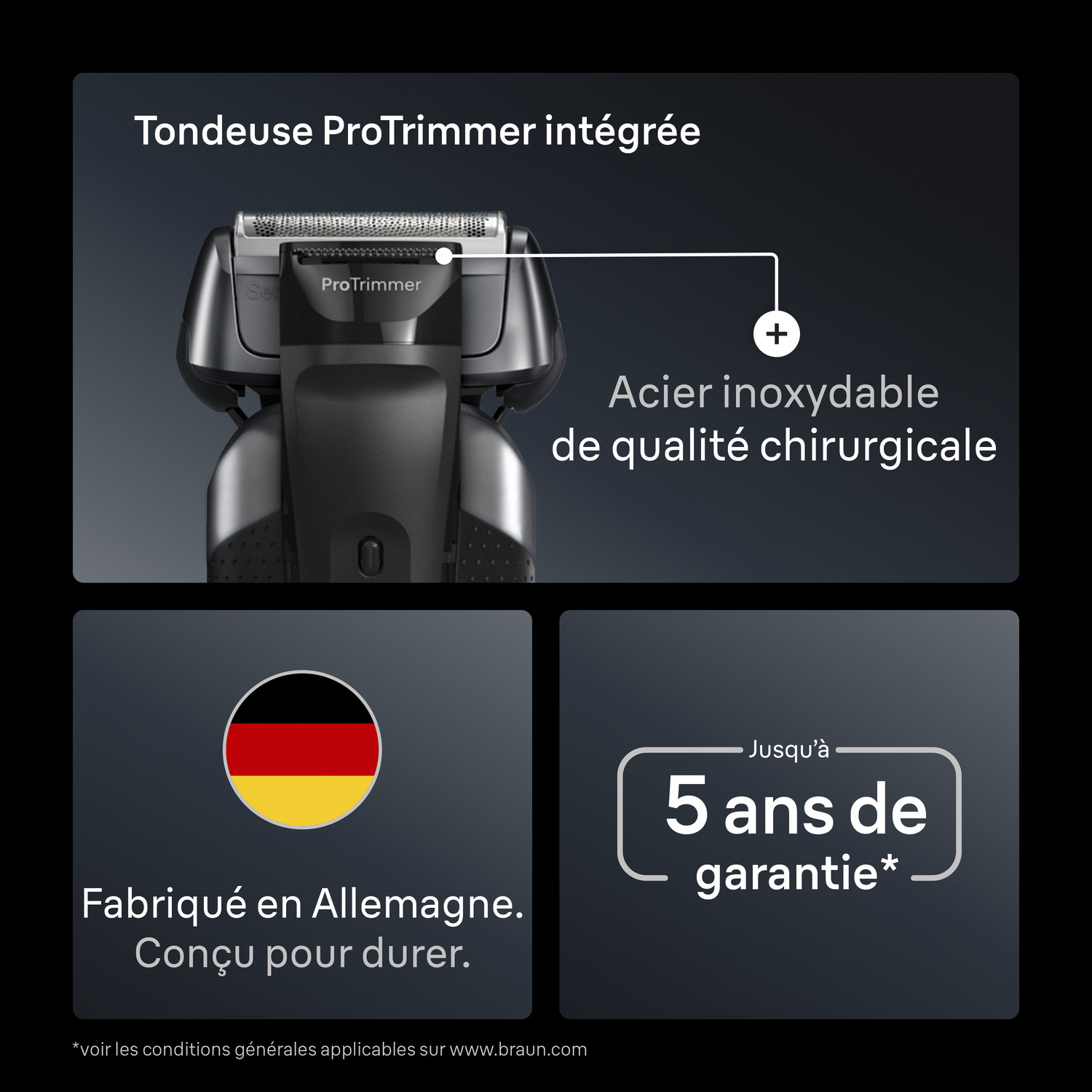Un rasoir électrique est présenté, ainsi que du texte indiquant qu'il possède un ProTrimmer, de l'acier inoxydable de qualité chirurgicale, fabriqué en Allemagne et une garantie de 5 ans.