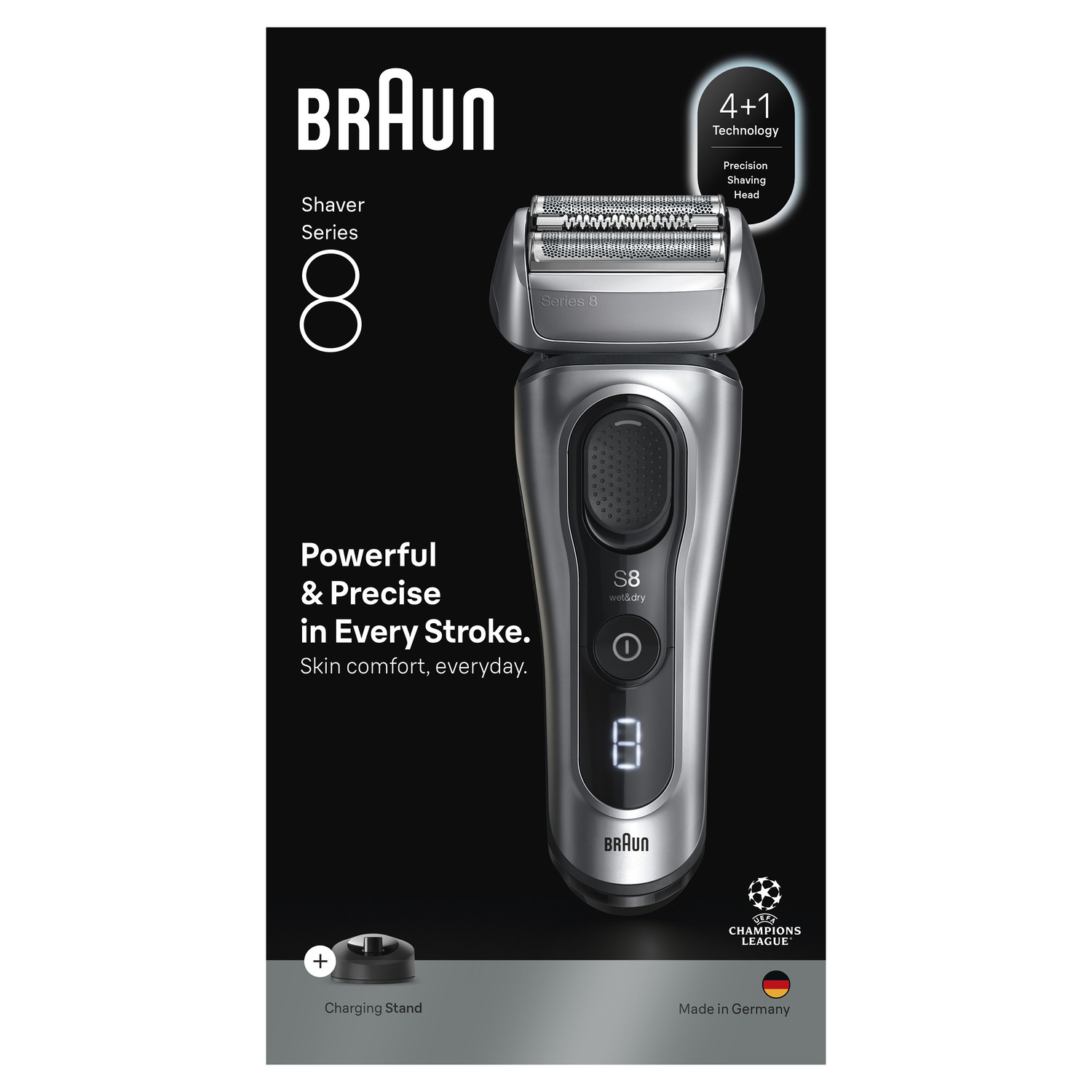 A Braun Series 8 electric shaver. The image showcases the shaver, features, and branding on a black background.