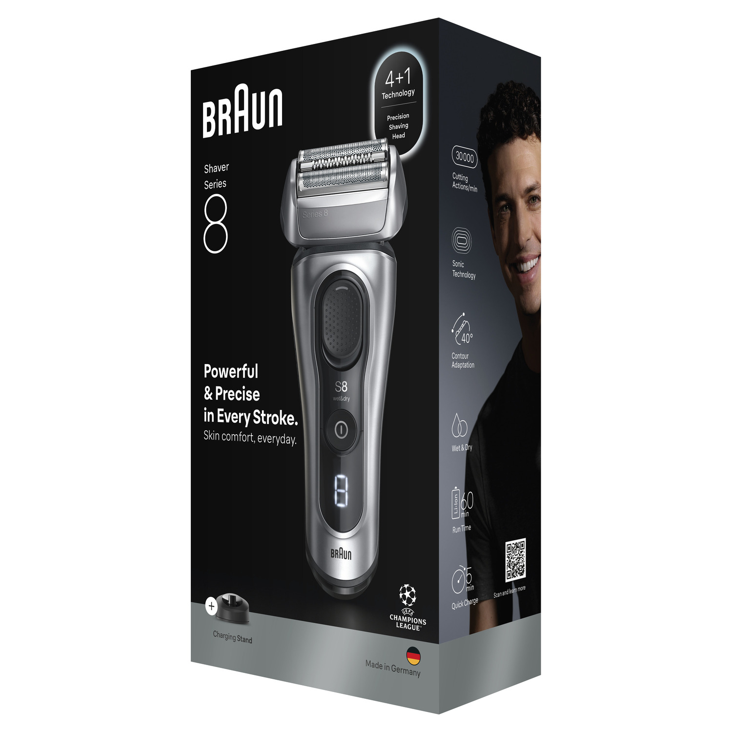 Braun Series 8 electric shaver box. Features include precision shaving, sonic technology, wet & dry use, and a smiling man.