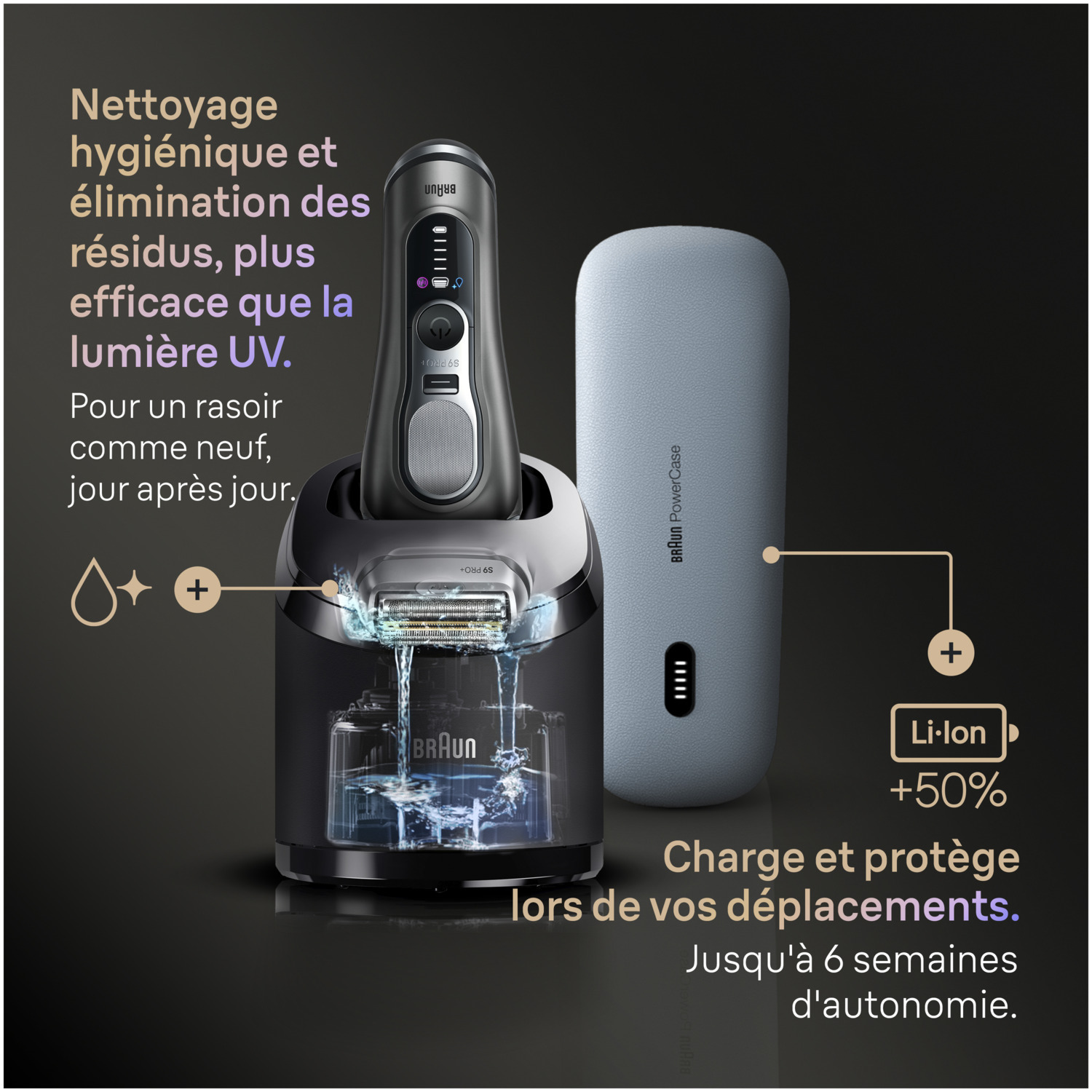 Un rasoir Braun dans sa station de nettoyage et un étui de chargement. Le texte met en évidence le nettoyage, l'autonomie et la protection en voyage.