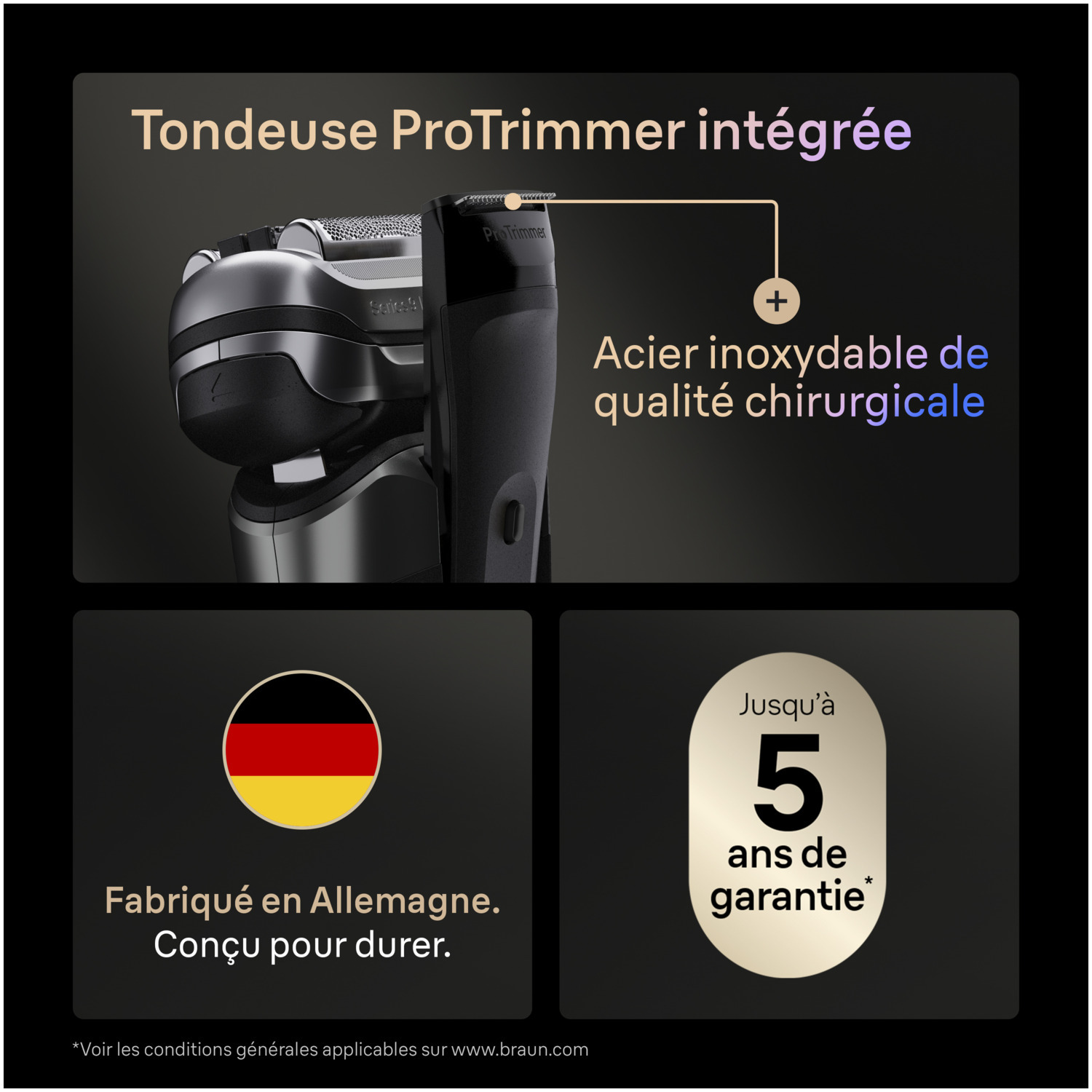 Un rasoir électrique avec ProTrimmer, acier inoxydable chirurgical, fabriqué en Allemagne et garantie 5 ans. Le drapeau allemand est également présent.