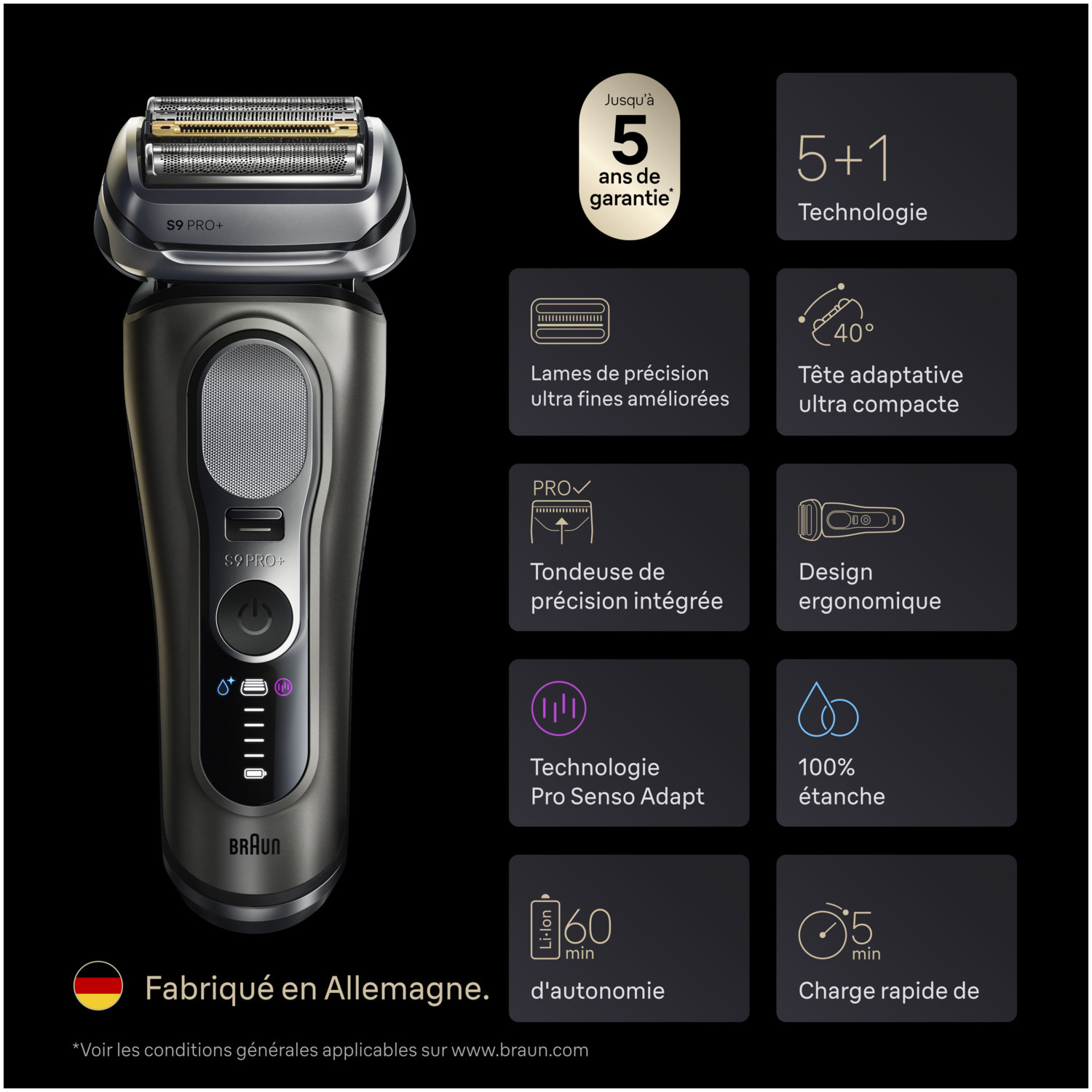 Rasoir électrique Braun S9 Pro+. Caractéristiques : lames de précision, Pro Senso Adapt, design ergonomique, 60 min d'autonomie.