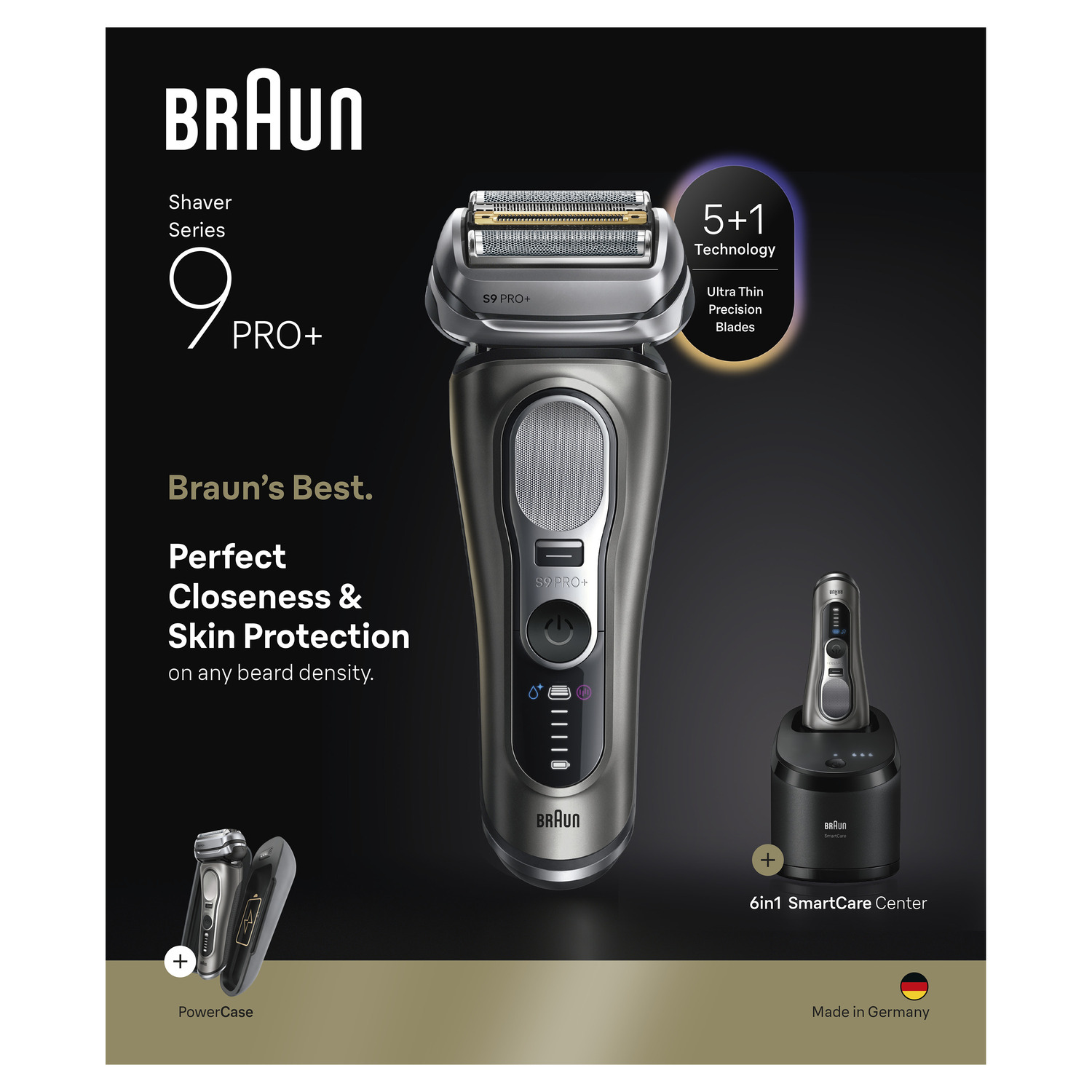 Braun Series 9 Pro+ scheerapparaat met oplaadstandaard en powercase. Tekst: 'Perfect Closeness & Skin Protection'.