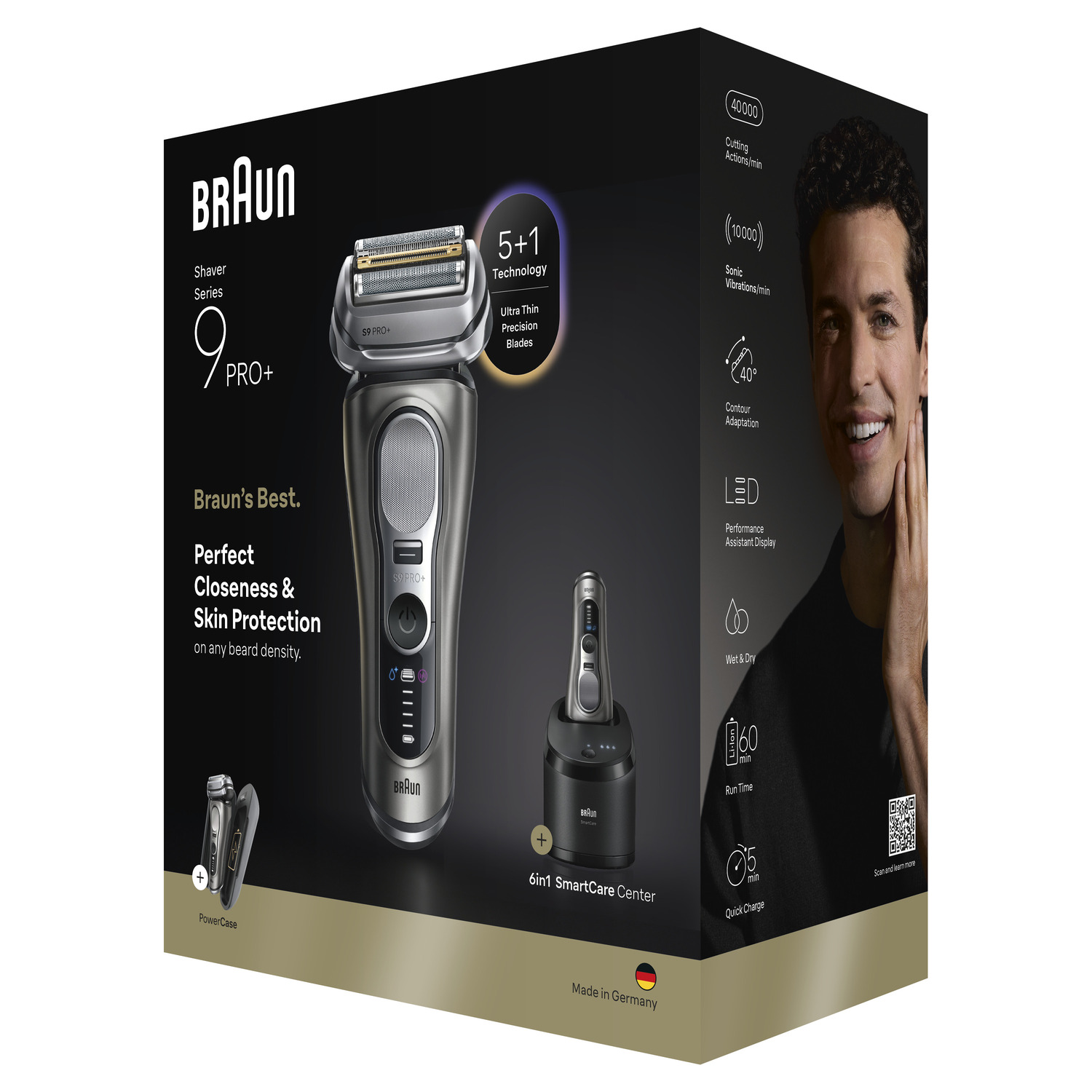 Braun Series 9 Pro+ scheerapparaat, grijs, op een doos met een mannengezicht, kenmerken zoals 40000 acties/min, nat&droog, en 60 min runtime.