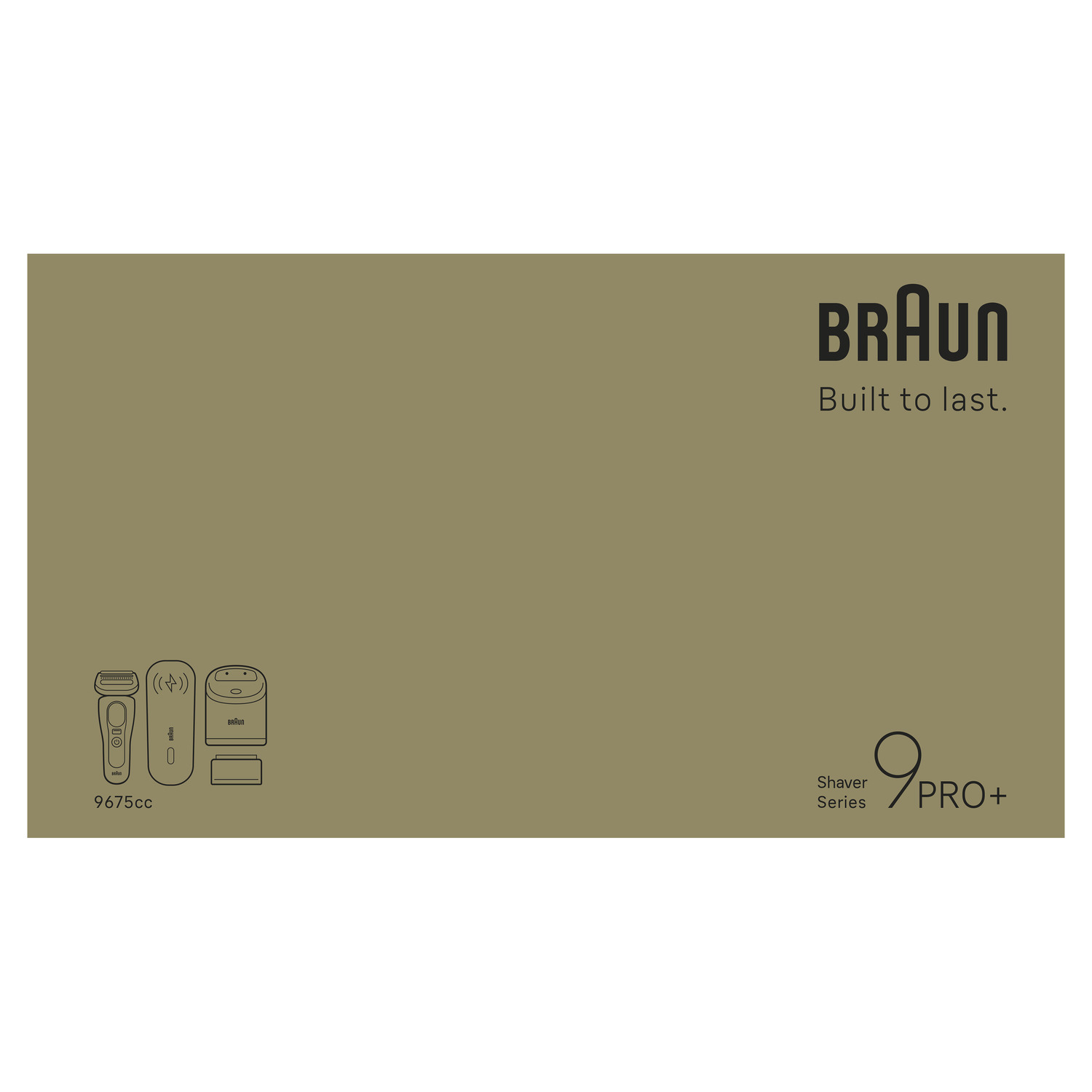 Een Braun scheerapparaatdoos toont het merklogo en productdetails. Inclusief een scheerapparaat, oplaadstandaard en reinigingseenheid. De achtergrond is beige.