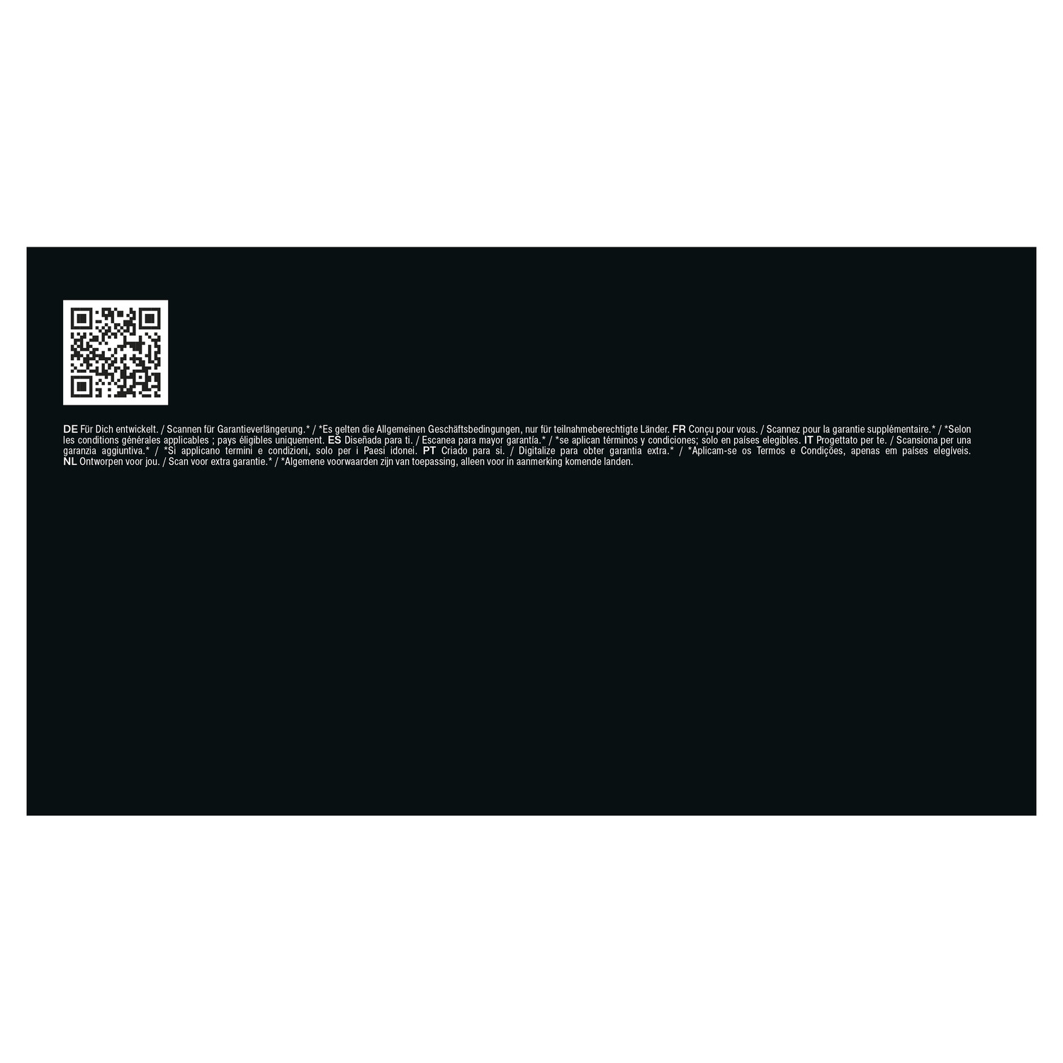 Een zwarte achtergrond met tekst en een QR-code in de linkerbovenhoek. De tekst is in meerdere talen.