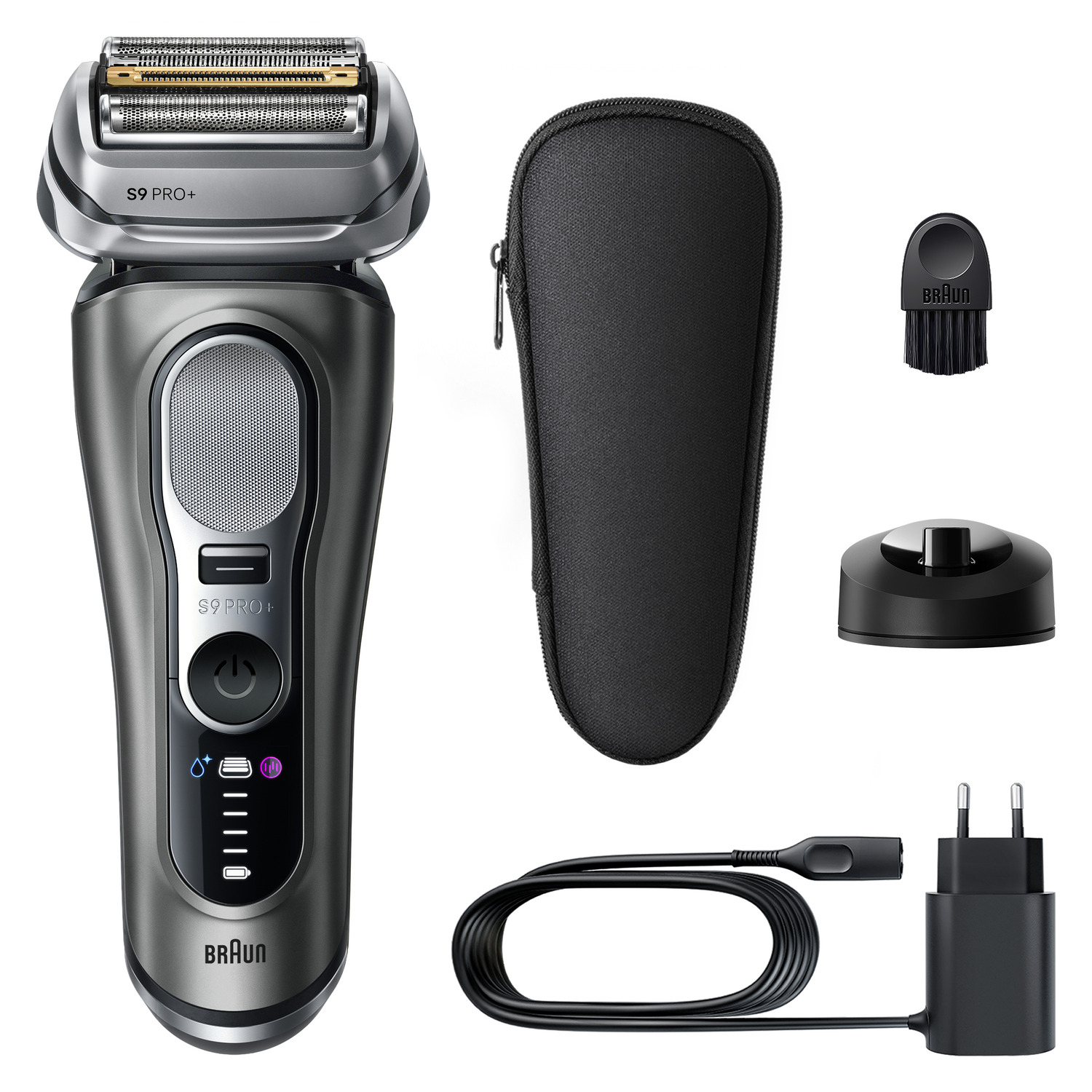 Un rasoir électrique Braun Series 9 Pro+, étui, brosse de nettoyage, socle de chargement et adaptateur secteur sur fond blanc.