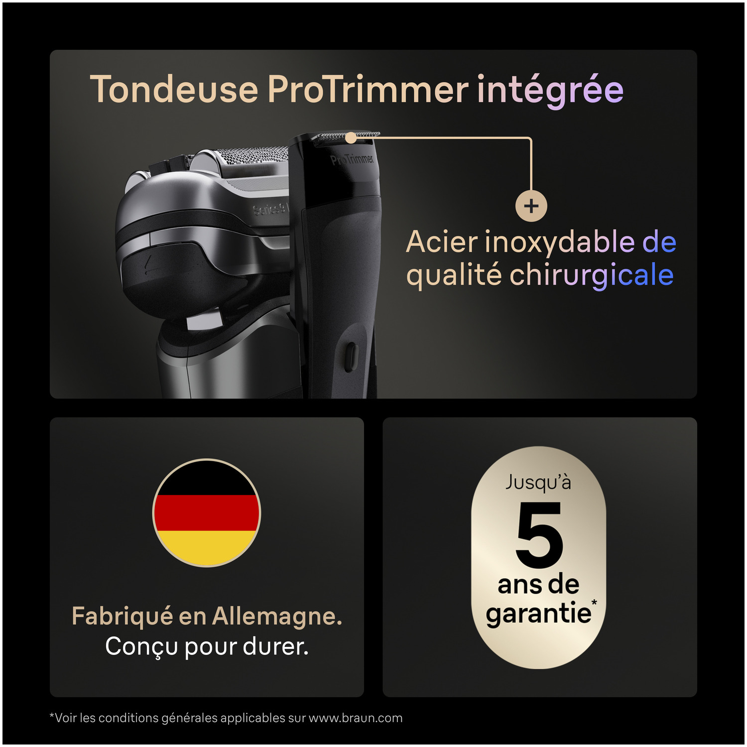 Un rasoir électrique noir et argenté avec texte en français. Il dit 'Fabriqué en Allemagne' et '5 ans de garantie'.