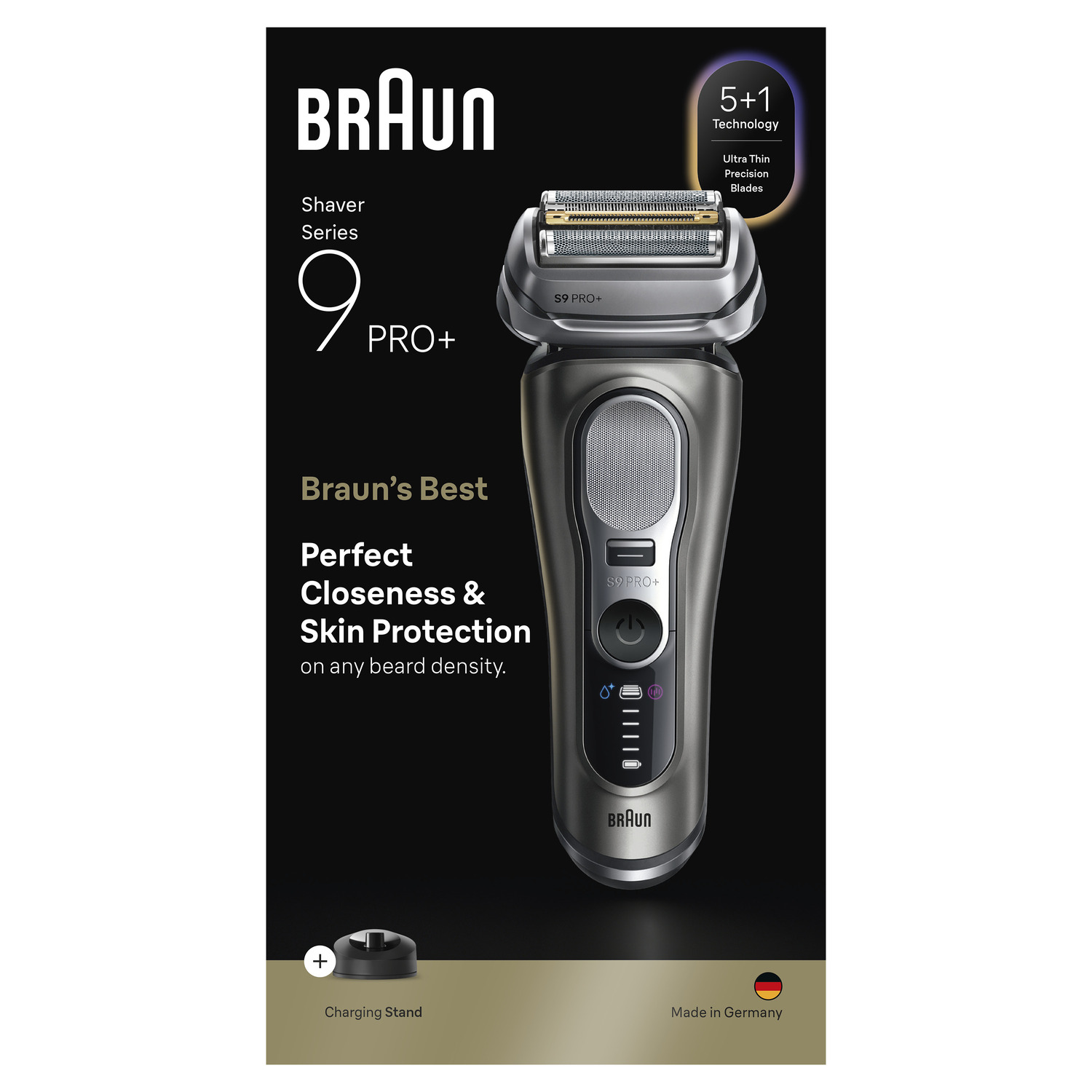 Rasoir Braun Series 9 Pro+ sur fond blanc. Caractéristiques : technologie 5+1, précision parfaite et protection de la peau. Fabriqué en Allemagne.
