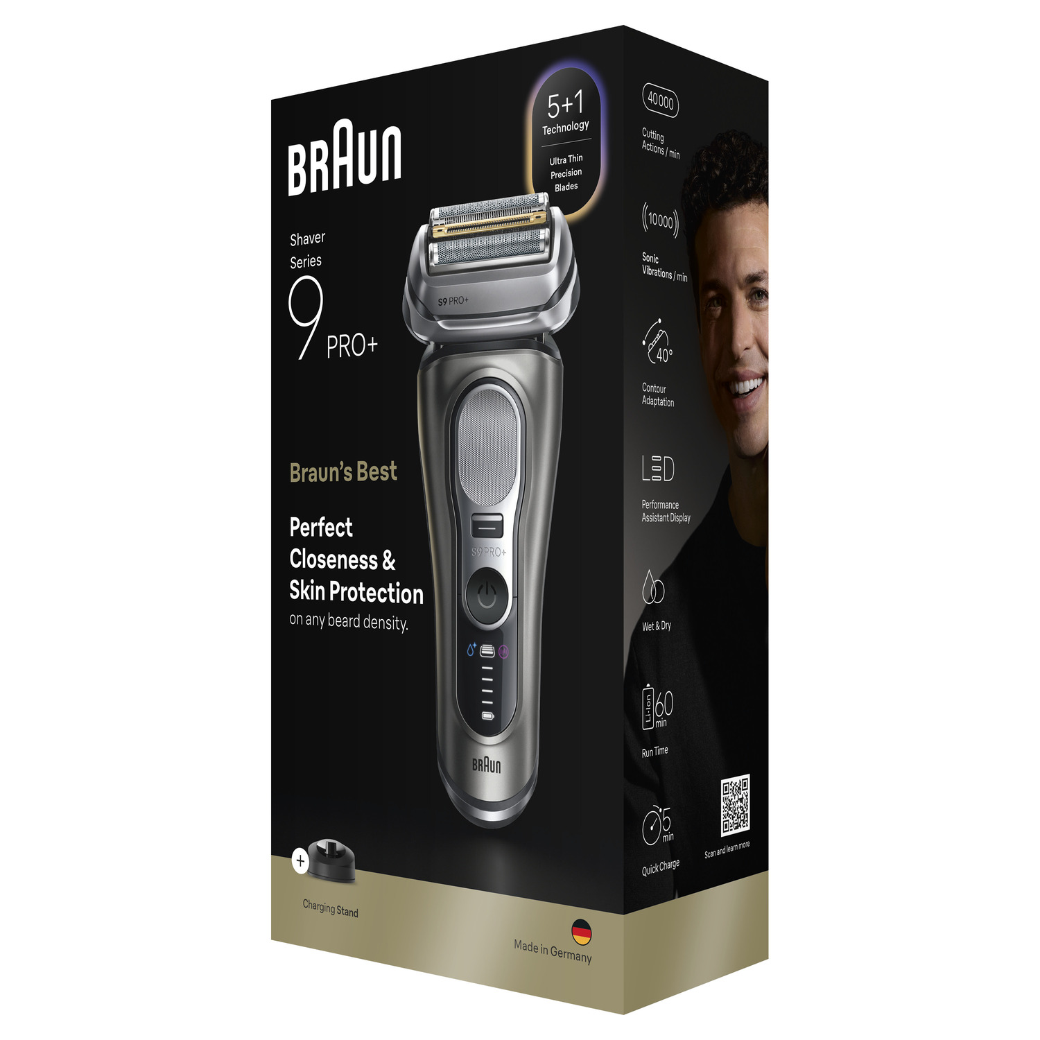 Boîte de rasoir Braun Series 9 Pro+. Caractéristiques: technologie 5+1, adaptation des contours, et un visage d'homme. Affiche le rasoir.