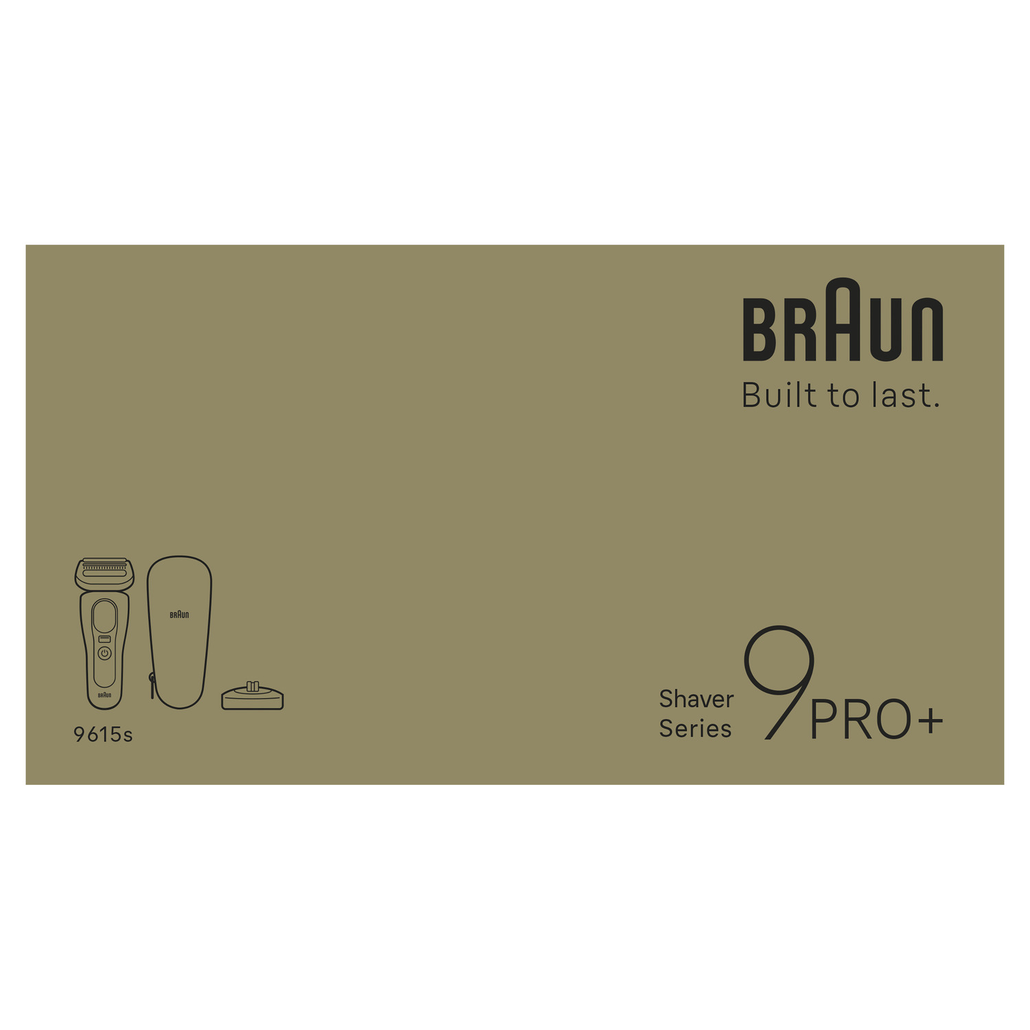 Rasoir Braun. L'image montre un rasoir, un socle de chargement et une pochette. Le fond est beige avec le logo et le texte Braun.