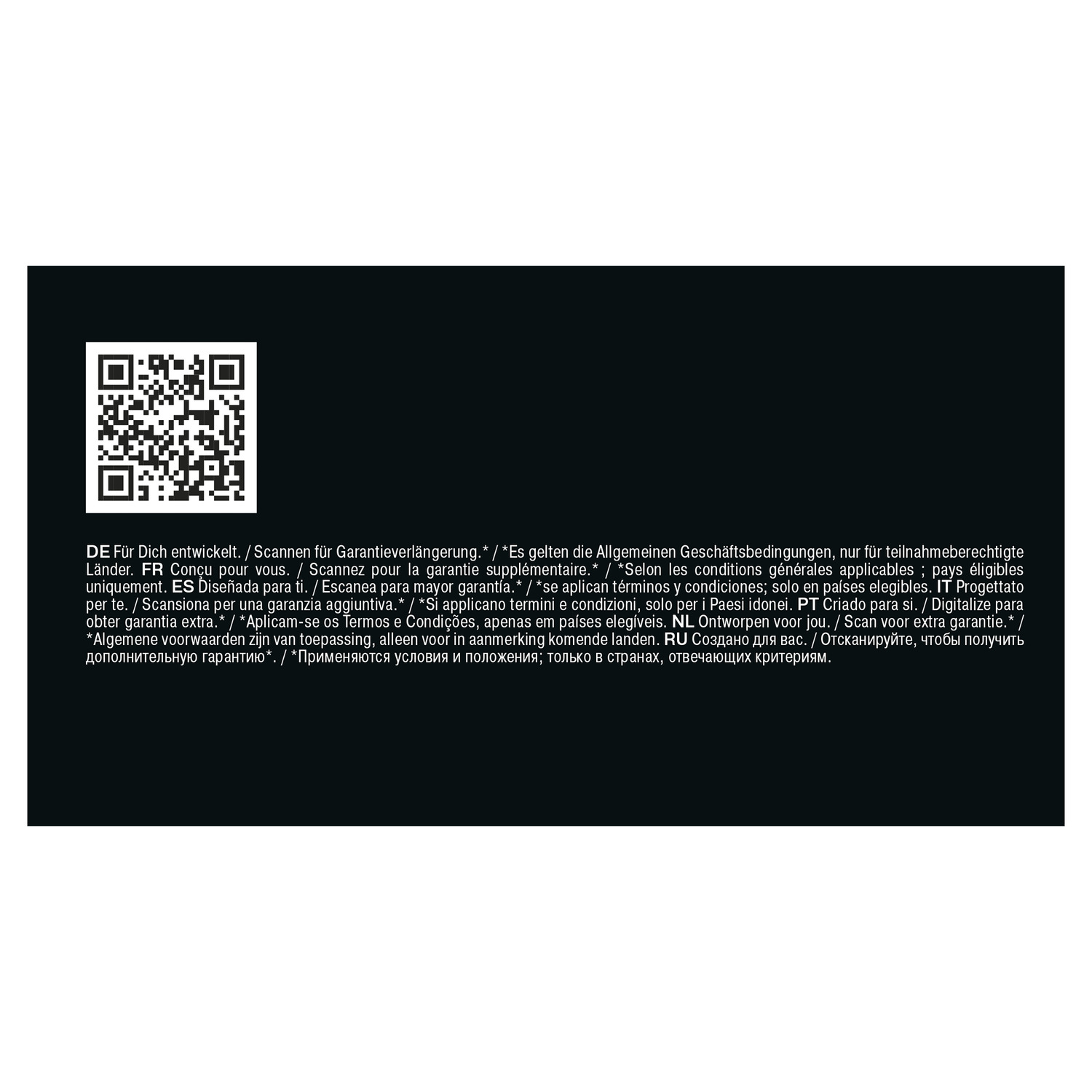 Fond noir avec code QR en haut à gauche. Le texte en plusieurs langues concerne la garantie et les conditions.