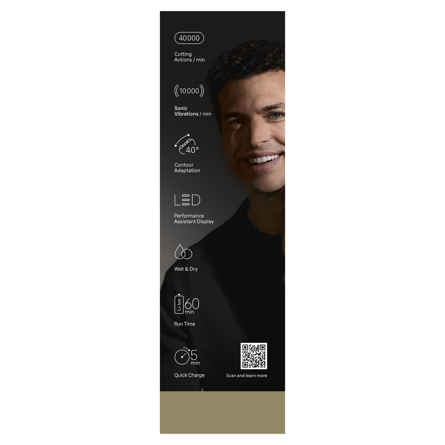 L'image montre un homme et les caractéristiques du produit. Comprend actions de coupe, vibrations soniques, adaptation contours, et affichage LED.