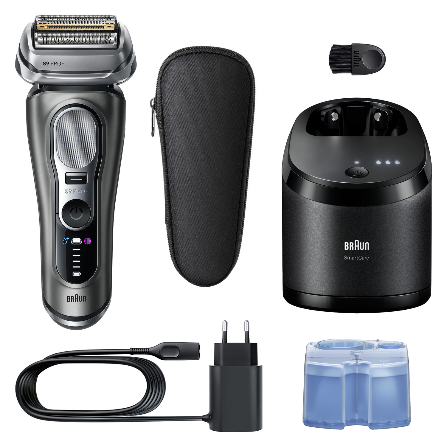 Un rasoir Braun S9 Pro+ avec accessoires : socle de charge, brosse de nettoyage, étui de voyage, chargeur et cartouche de nettoyage.